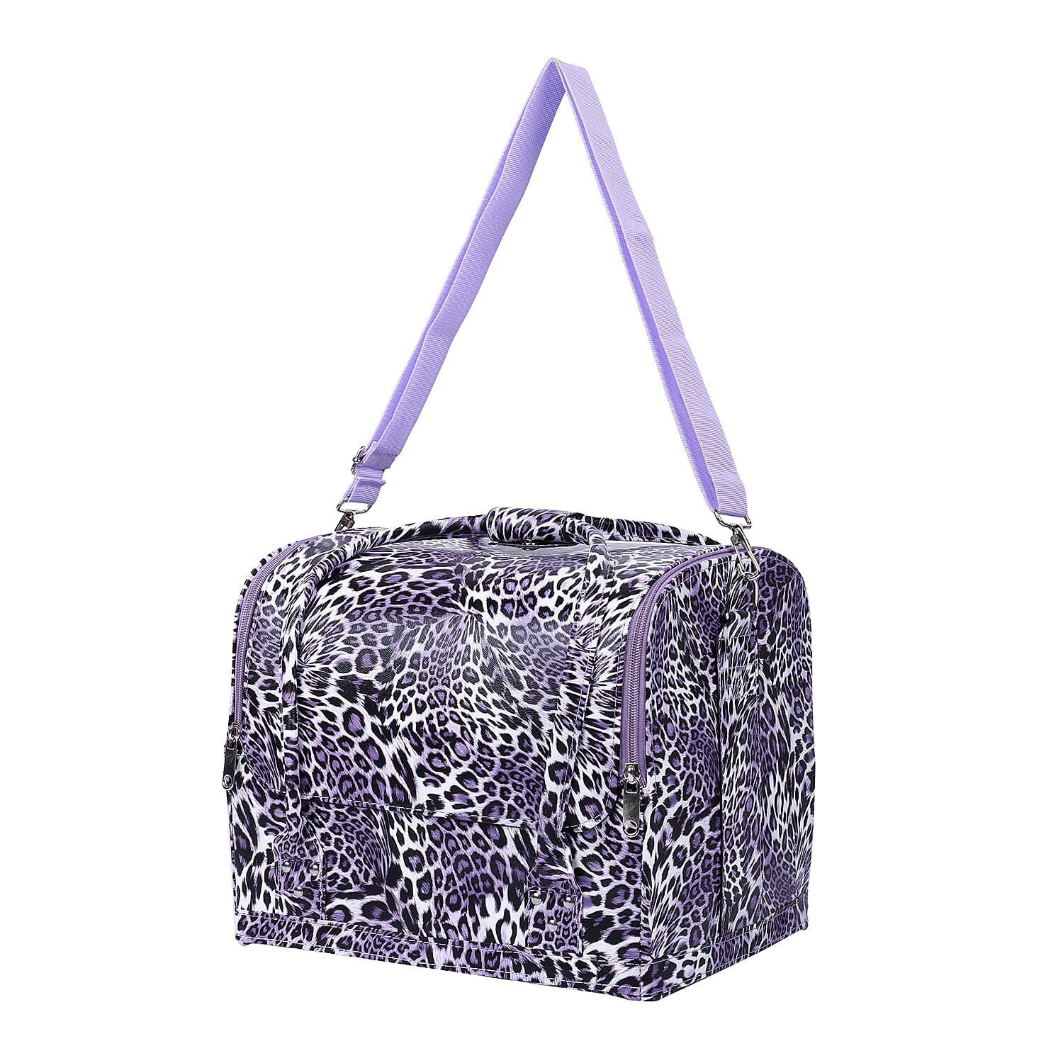 Portable Jewellery and Cosmetic Organiser Leopard Pattern with Zipper Closure and Detachable Shoulder Strap (Size-30x24x26Cm) - Purple
