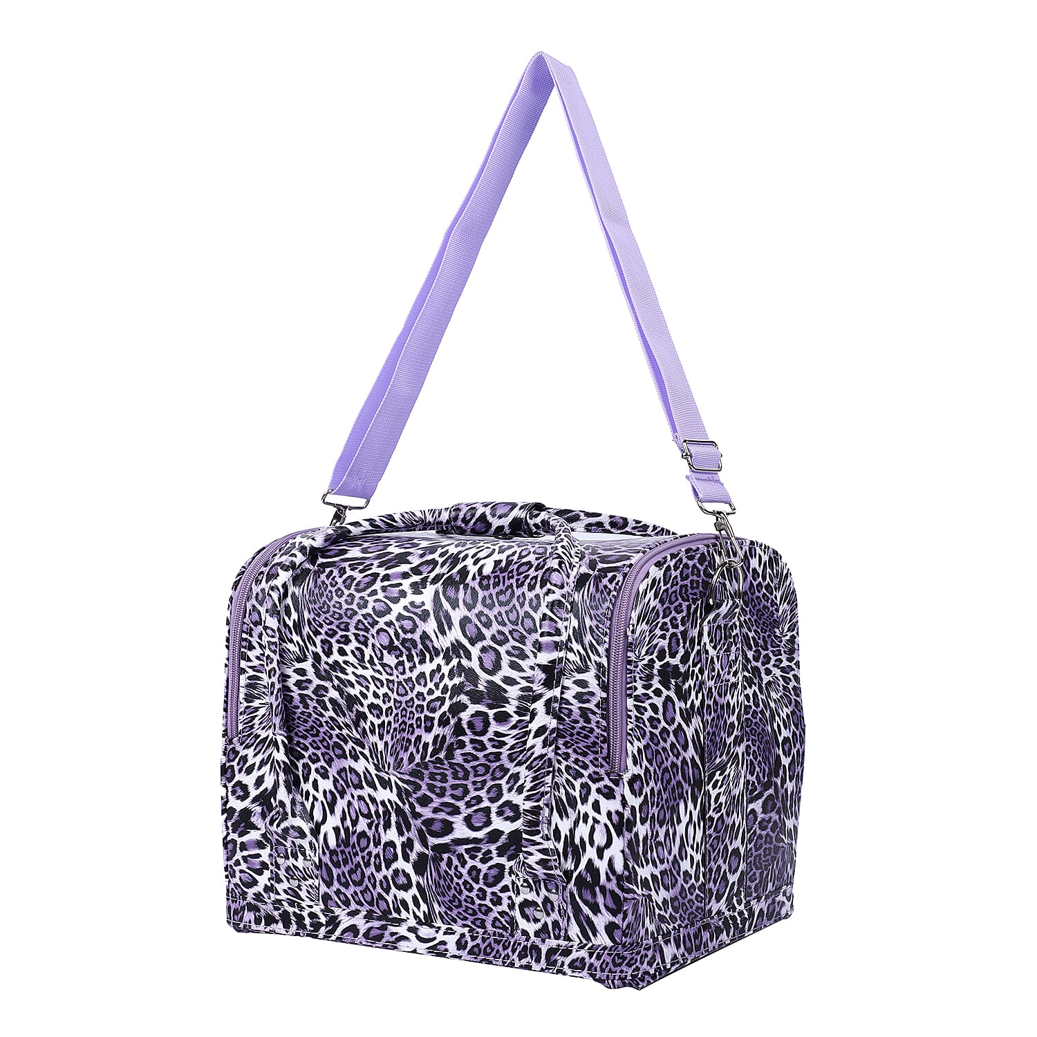 Portable Jewellery and Cosmetic Organiser Leopard Pattern with Zipper Closure and Detachable Shoulder Strap (Size-30x24x26Cm) - Purple