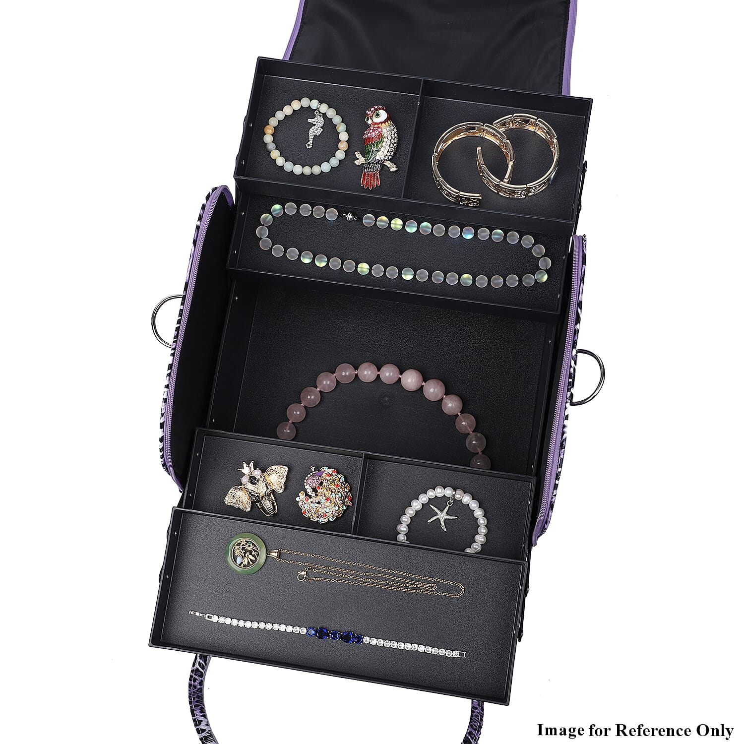 Portable Jewellery and Cosmetic Organiser Leopard Pattern with Zipper Closure and Detachable Shoulder Strap (Size-30x24x26Cm) - Purple