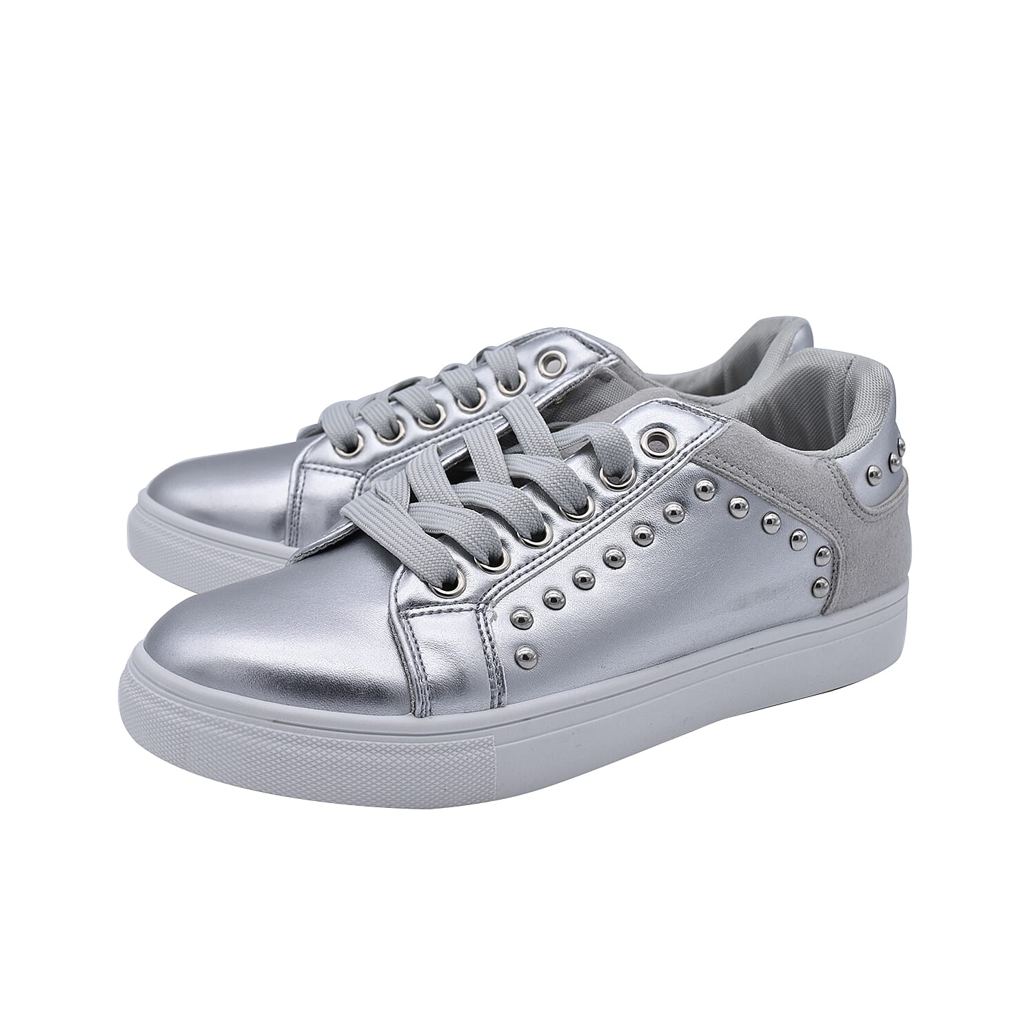 Faux Leather Studded Trainers in Silver Colour (Size 3)