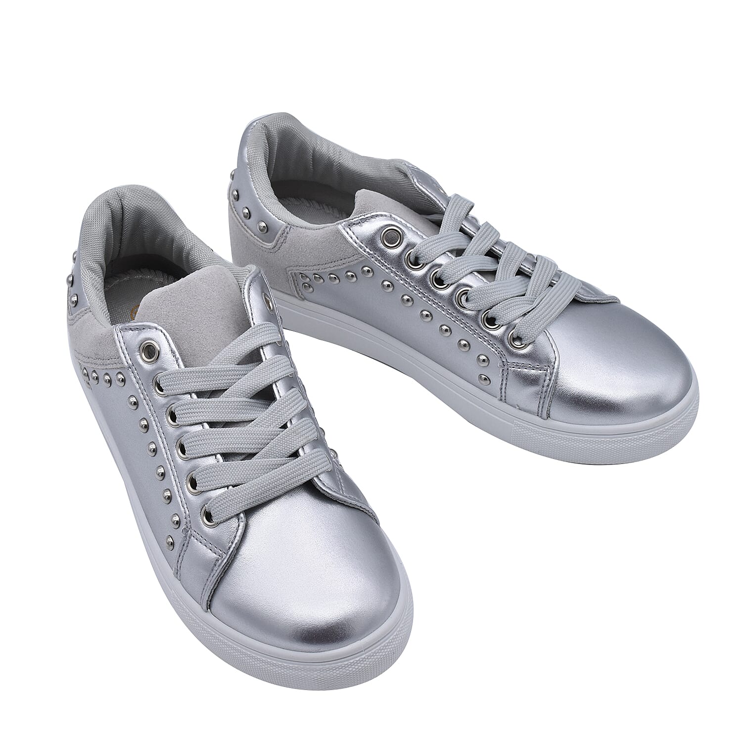 Faux Leather Studded Trainers in Silver Colour (Size 3)
