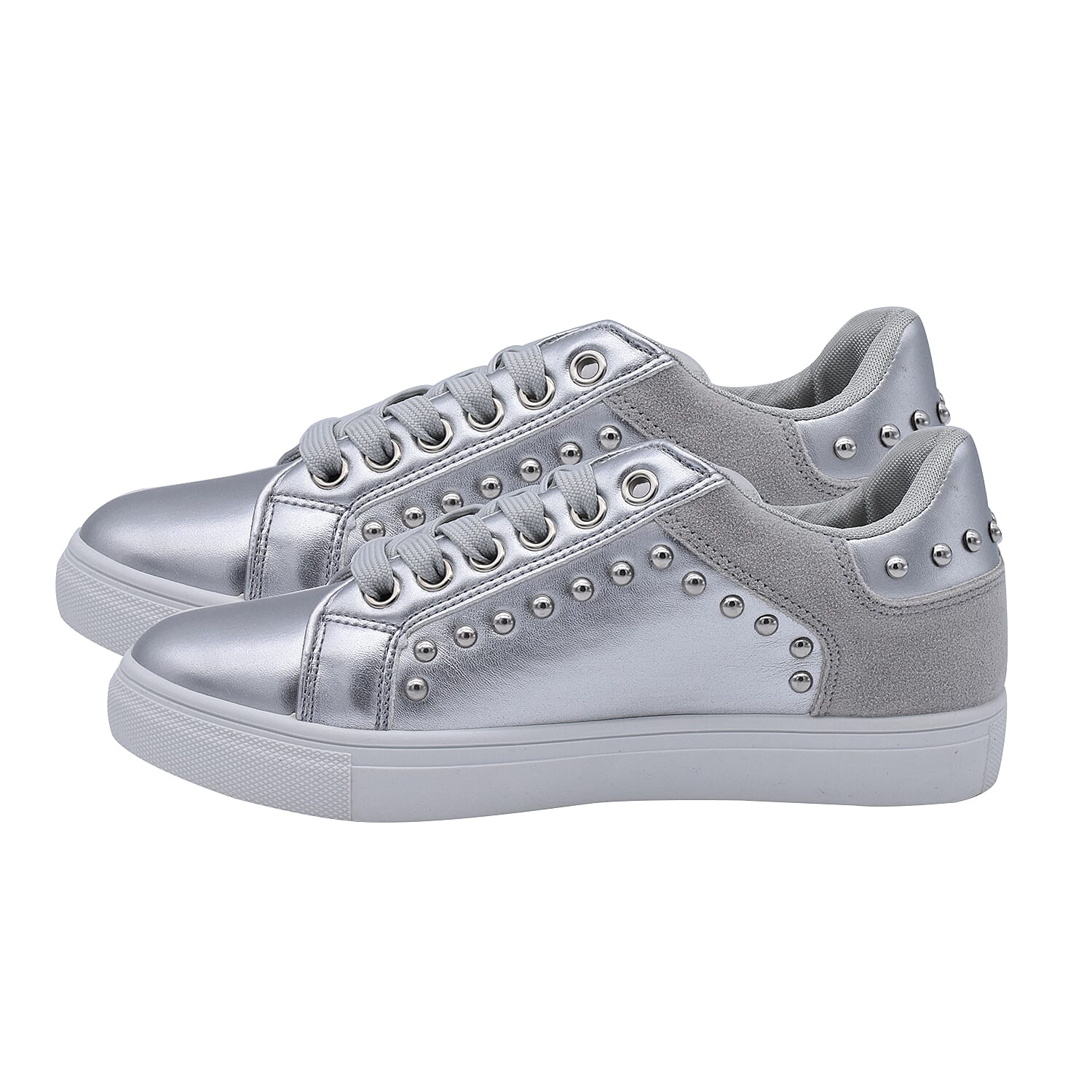 Faux Leather Studded Trainers in Silver Colour (Size 3)