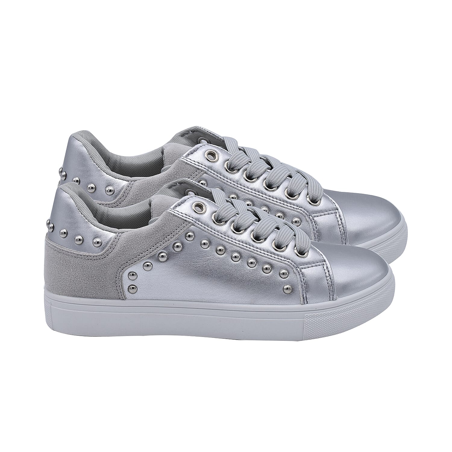 Faux Leather Studded Trainers in Silver Colour (Size 3)