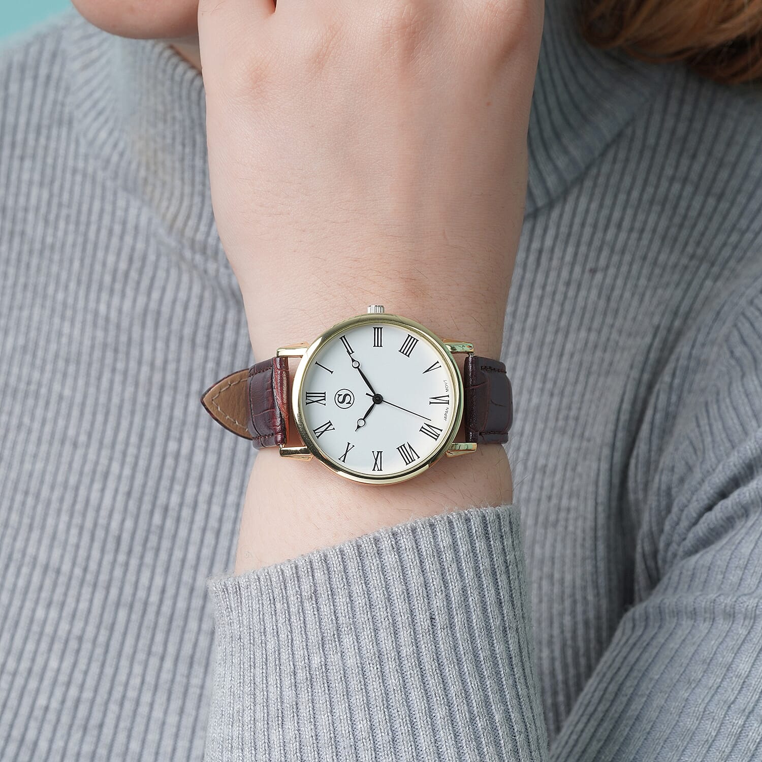 STRADA Japanese Movement Water Resistant Watch with Gold Tone Case and Brown Colour Strap