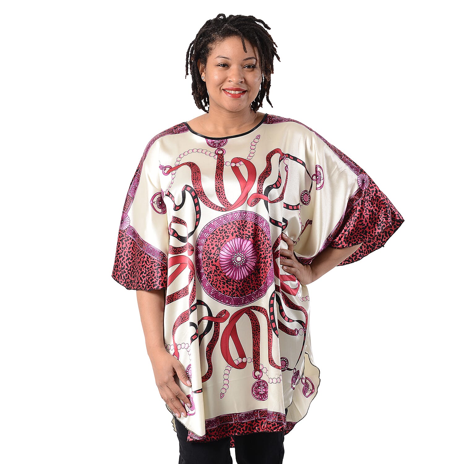 Leopard - Ribbon Pattern Kaftan (Size-110x73Cm) - Purple and Beige