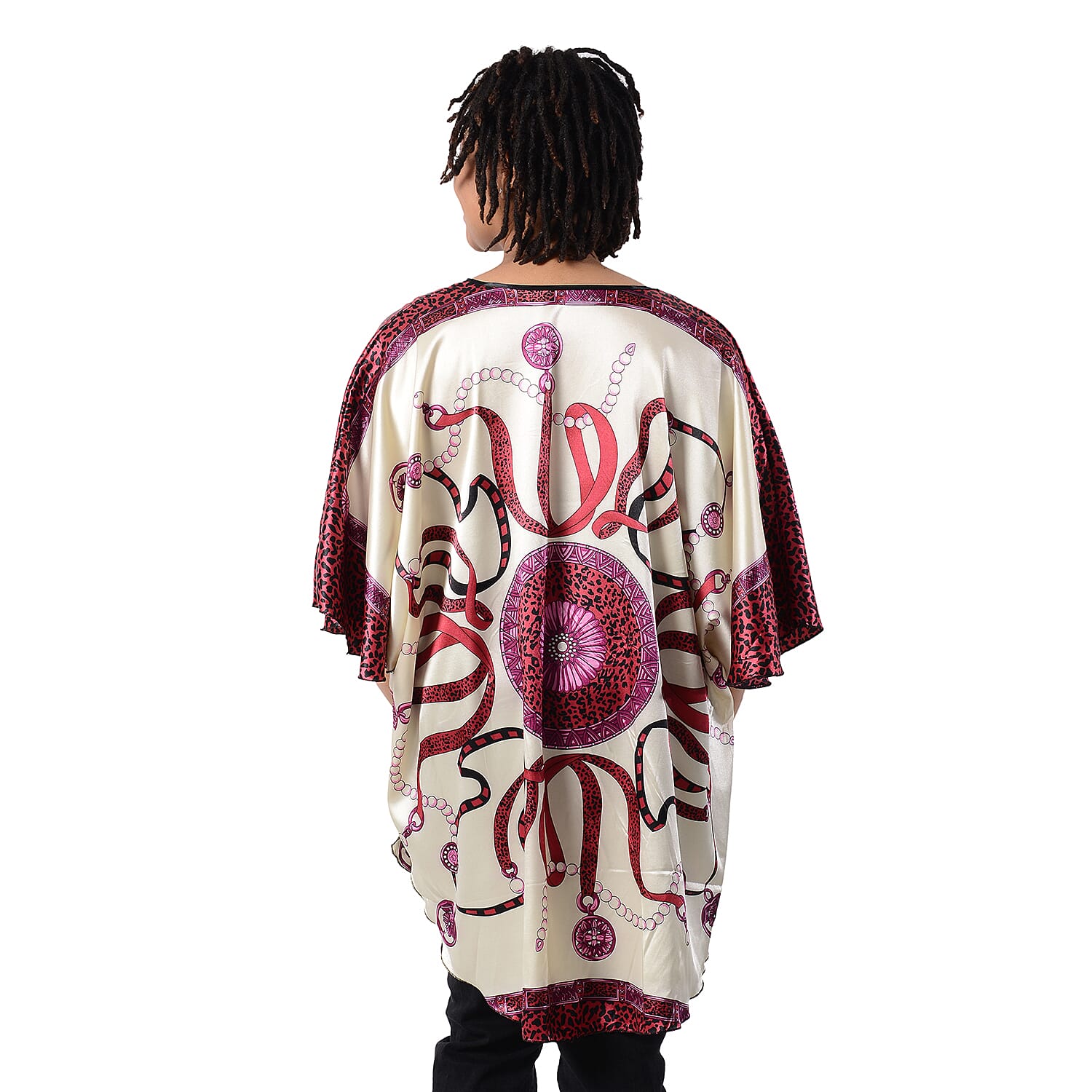 Leopard - Ribbon Pattern Kaftan (Size-110x73Cm) - Purple and Beige