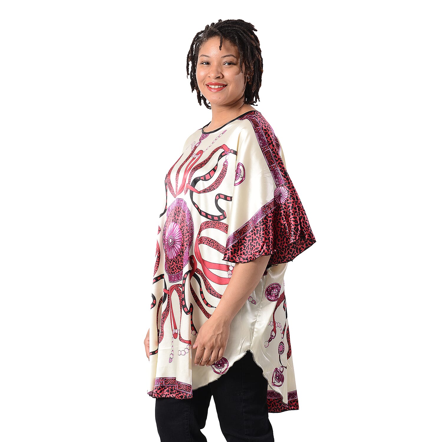 Leopard - Ribbon Pattern Kaftan (Size-110x73Cm) - Purple and Beige