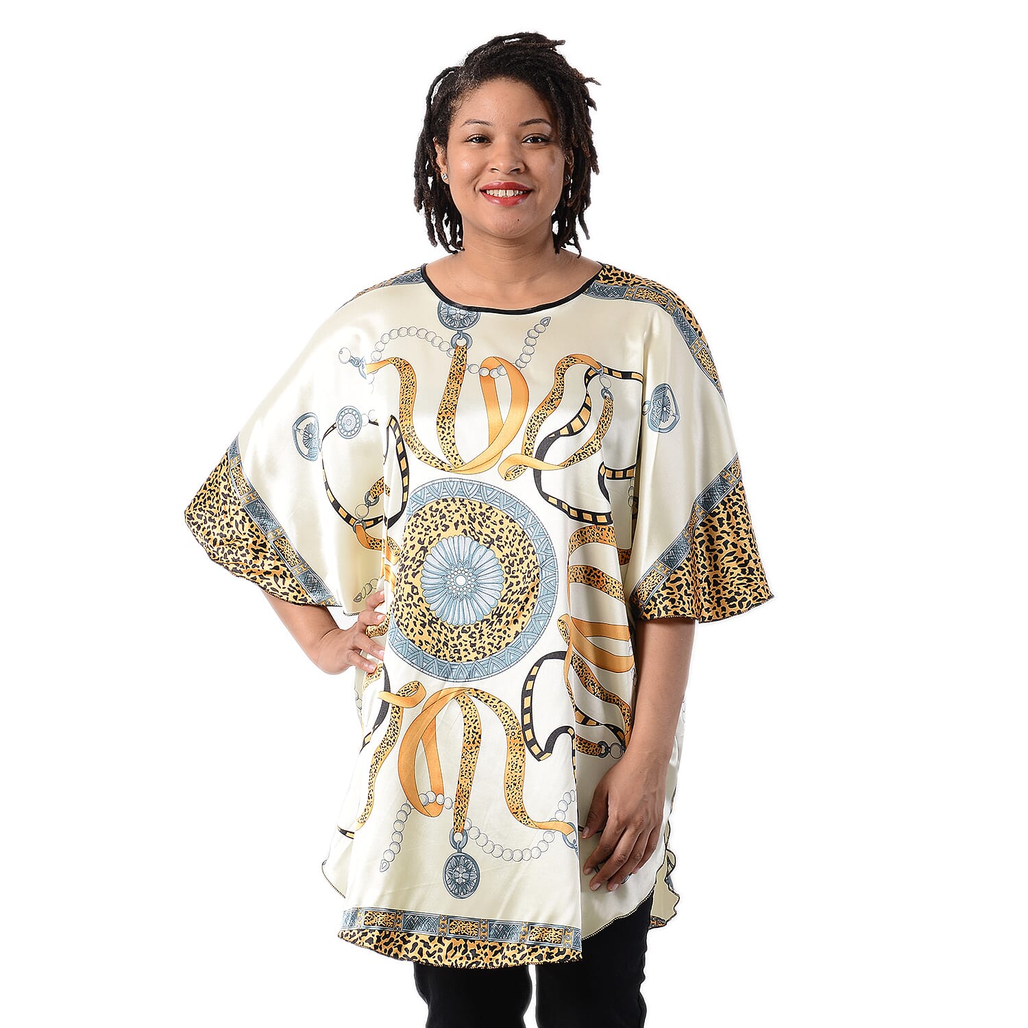 Leopard - Ribbon Pattern Kaftan (Size-110x74Cm) - Cream and Multi