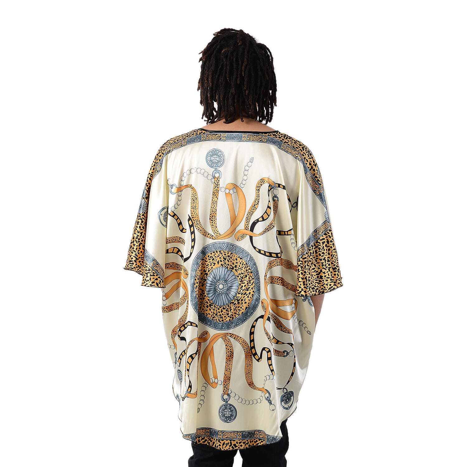 Leopard - Ribbon Pattern Kaftan (Size-110x74Cm) - Cream and Multi