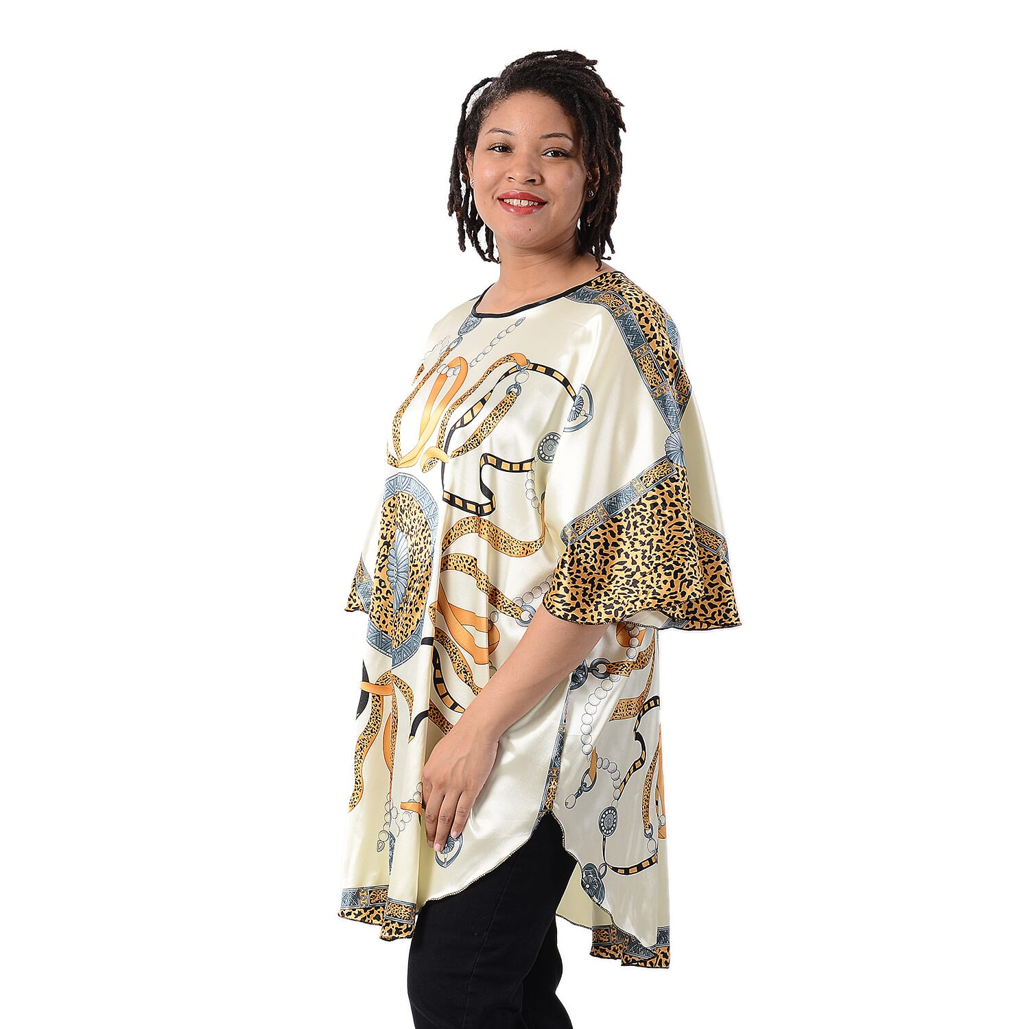 Leopard - Ribbon Pattern Kaftan (Size-110x74Cm) - Cream and Multi