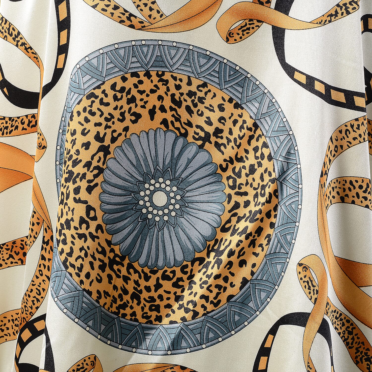 Leopard - Ribbon Pattern Kaftan (Size-110x74Cm) - Cream and Multi