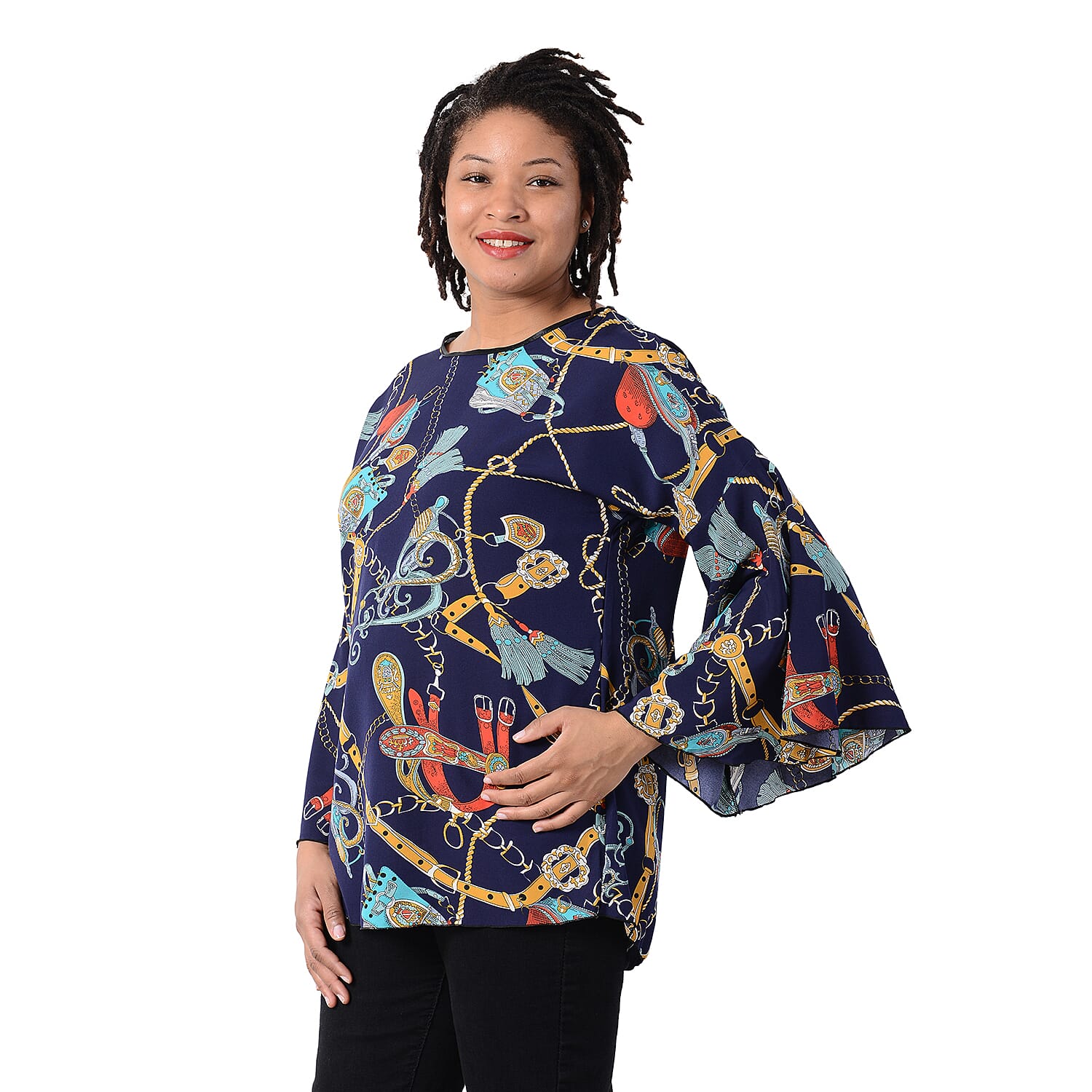 Womens Printed Bell Sleeves Top  Navy