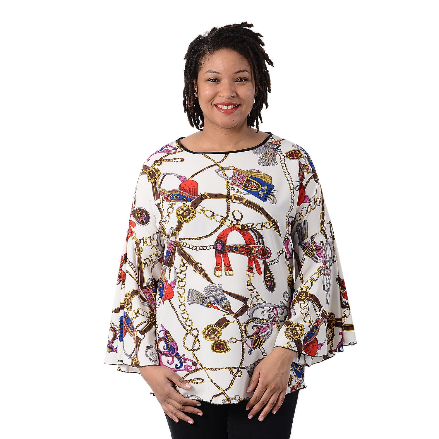 Stylish Buckle Chain Pattern Bell Long Sleeves Women Top (One Size,8-16) - Off White and Multi