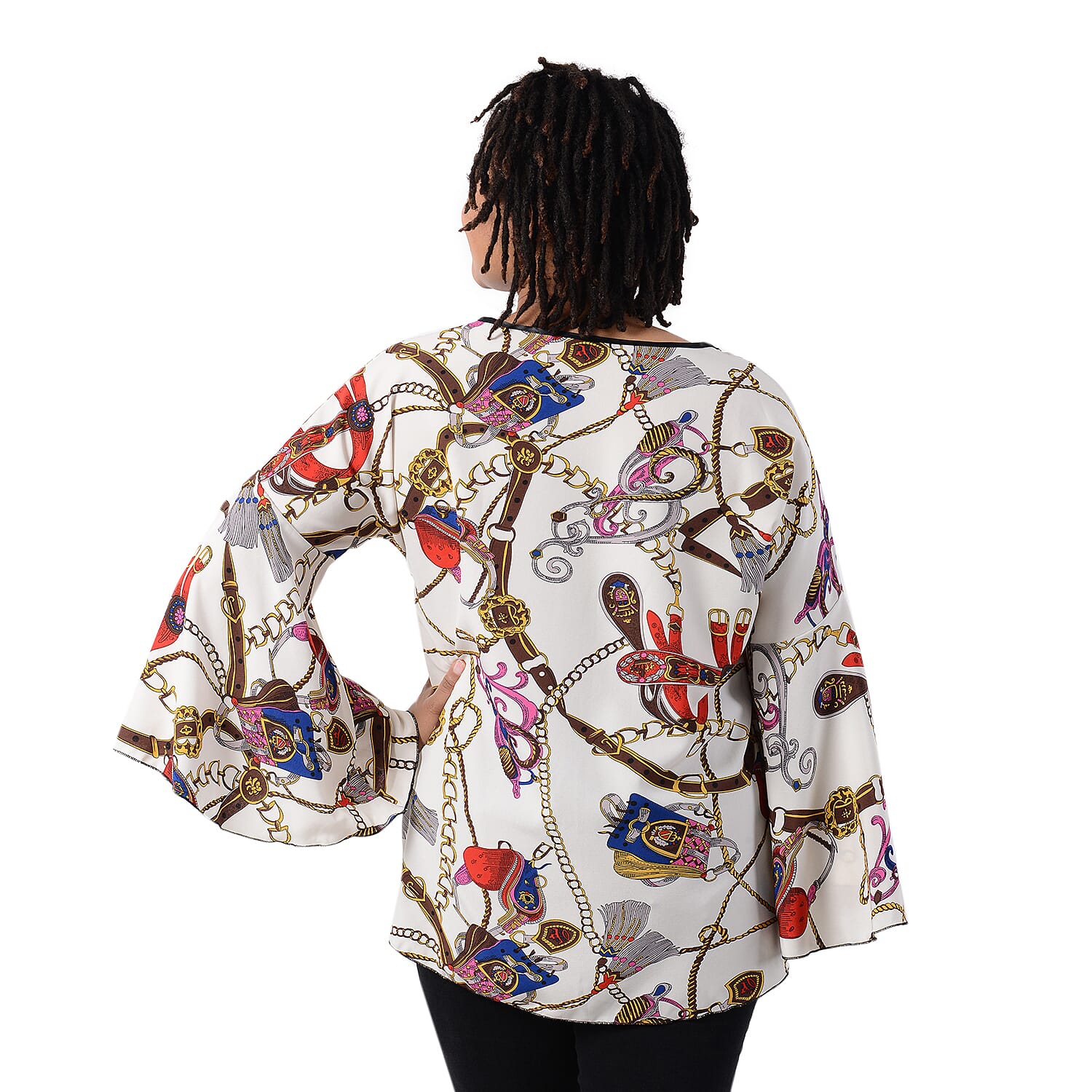 Stylish Buckle Chain Pattern Bell Long Sleeves Women Top (One Size,8-16) - Off White and Multi