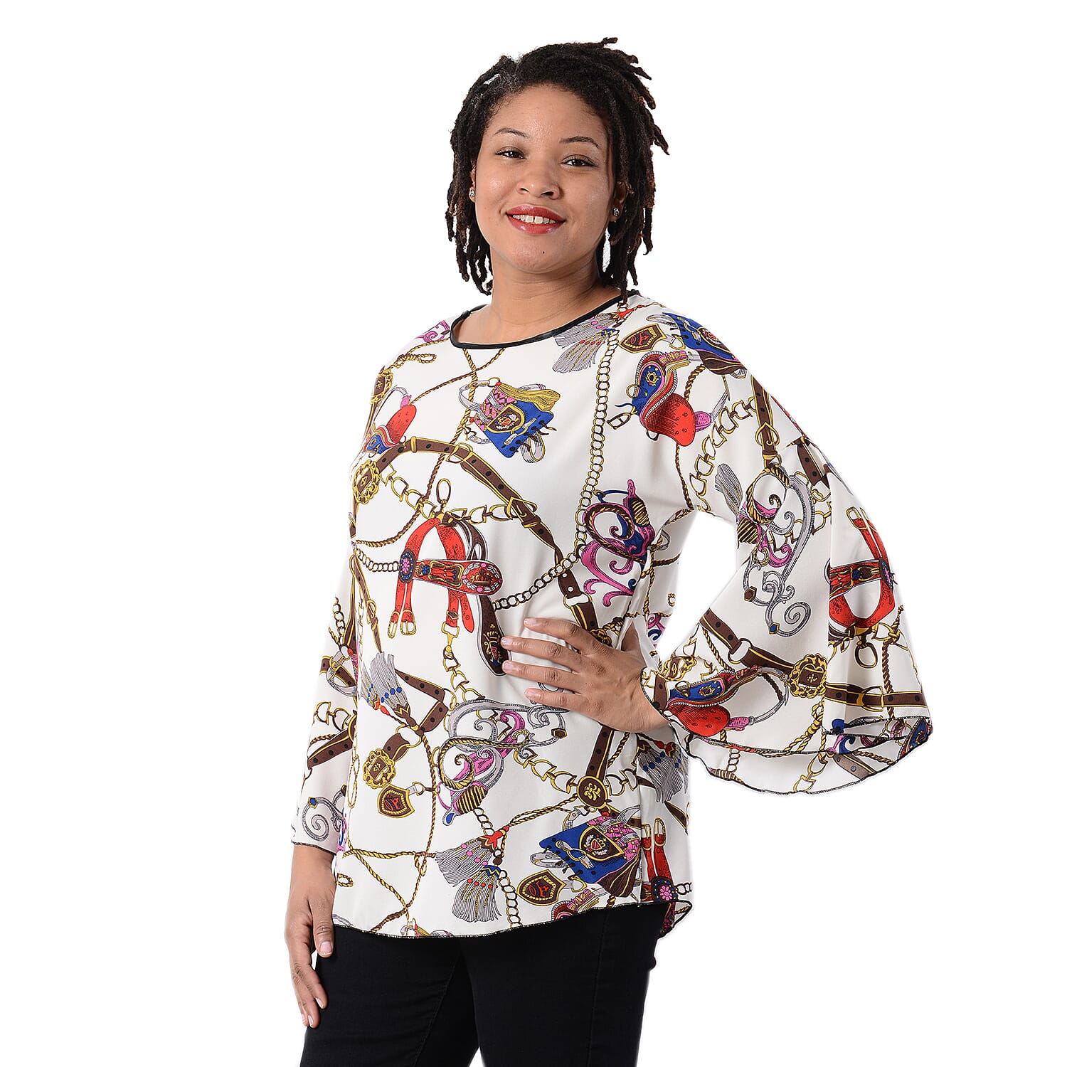 Stylish Buckle Chain Pattern Bell Long Sleeves Women Top (One Size,8-16) - Off White and Multi