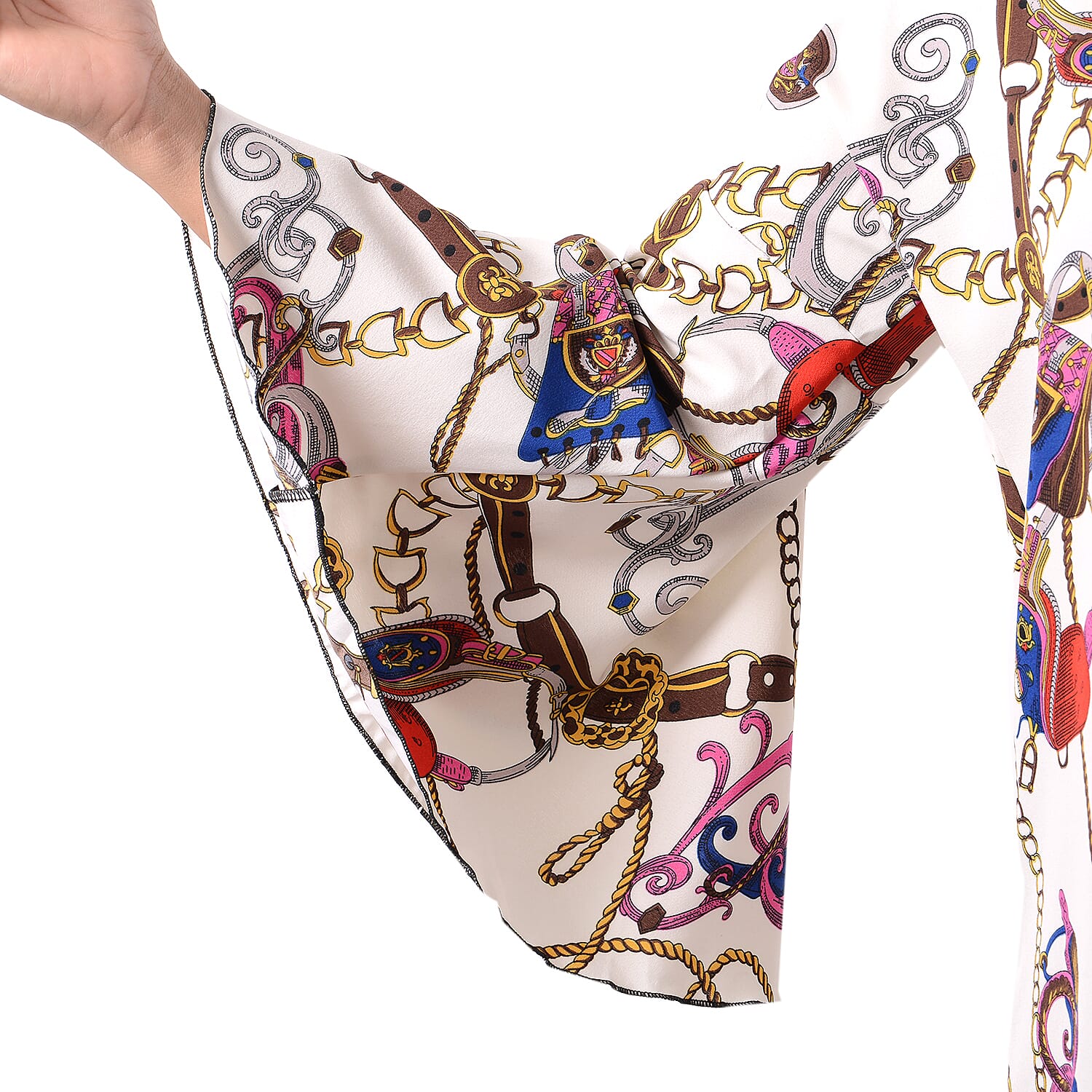 Stylish Buckle Chain Pattern Bell Long Sleeves Women Top (One Size,8-16) - Off White and Multi