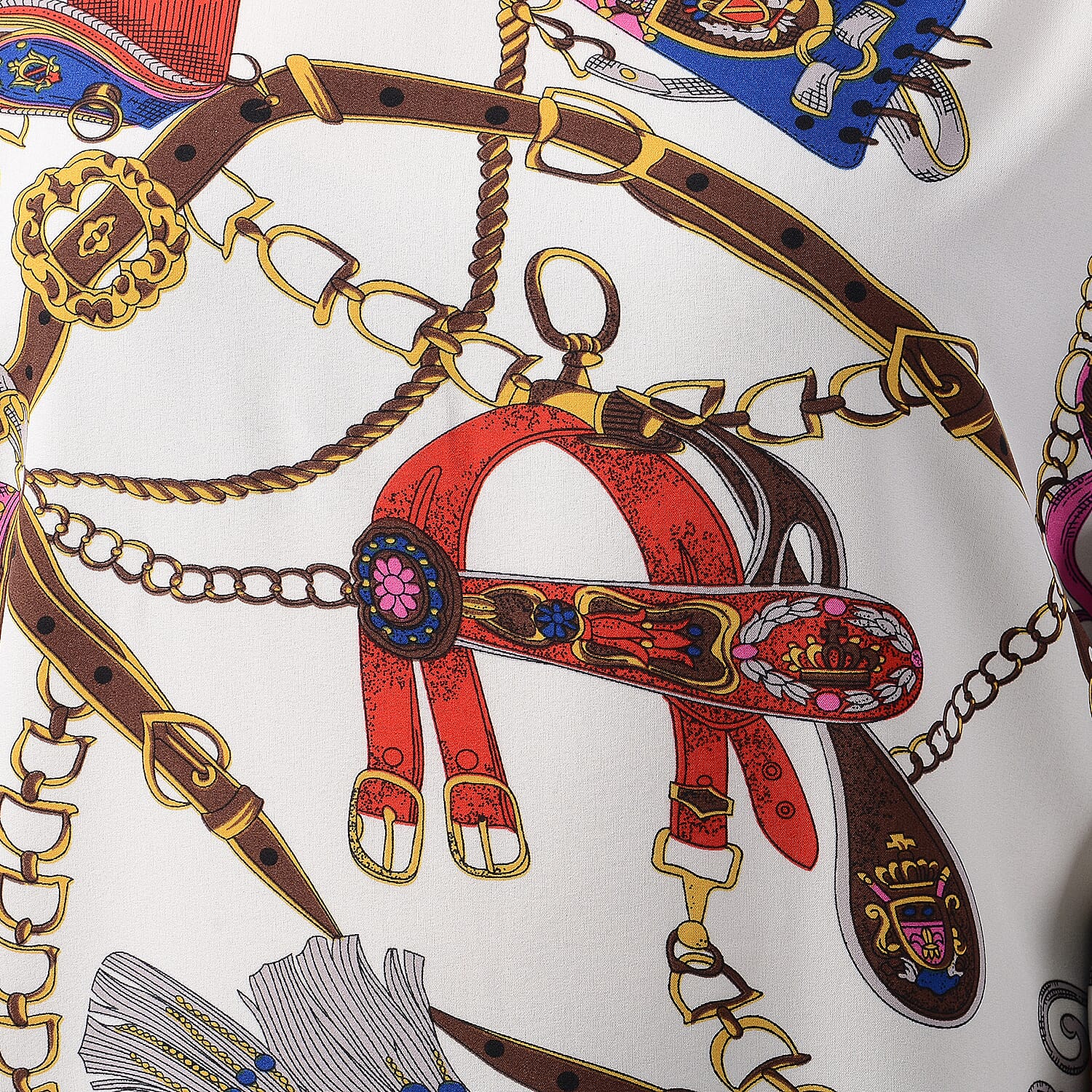 Stylish Buckle Chain Pattern Bell Long Sleeves Women Top (One Size,8-16) - Off White and Multi