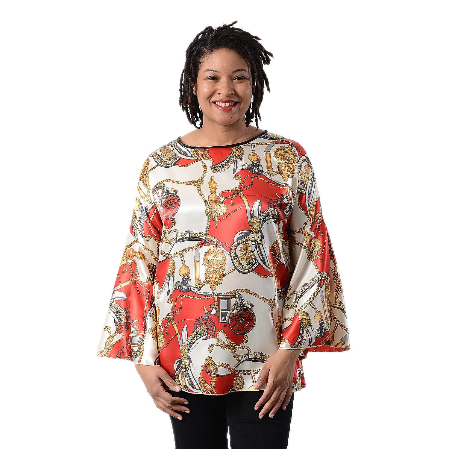 Stylish Abstract Pattern Bell Long Sleeves Women Top (One Size,8-16) - Cream - Red