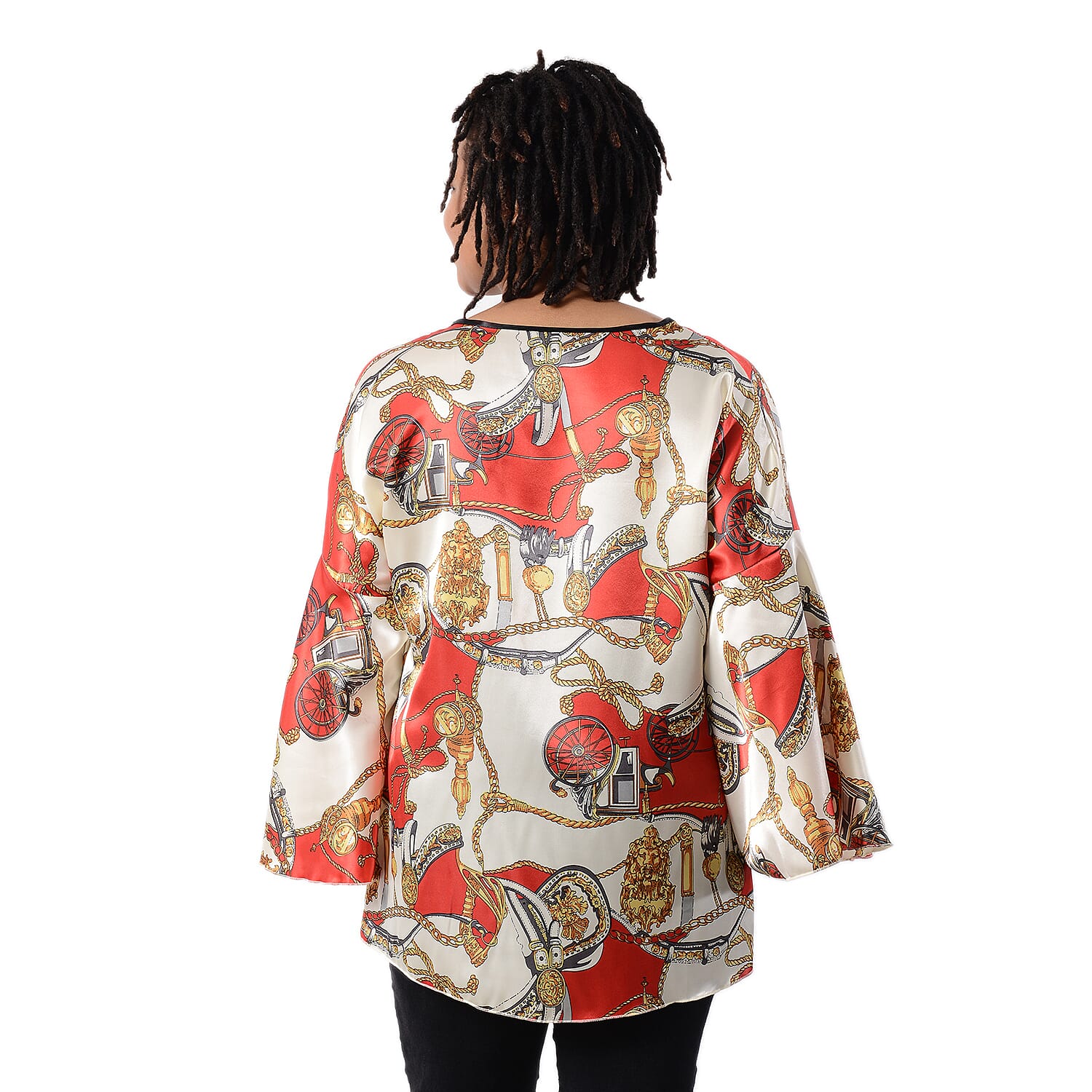 Stylish Abstract Pattern Bell Long Sleeves Women Top (One Size,8-16) - Cream - Red