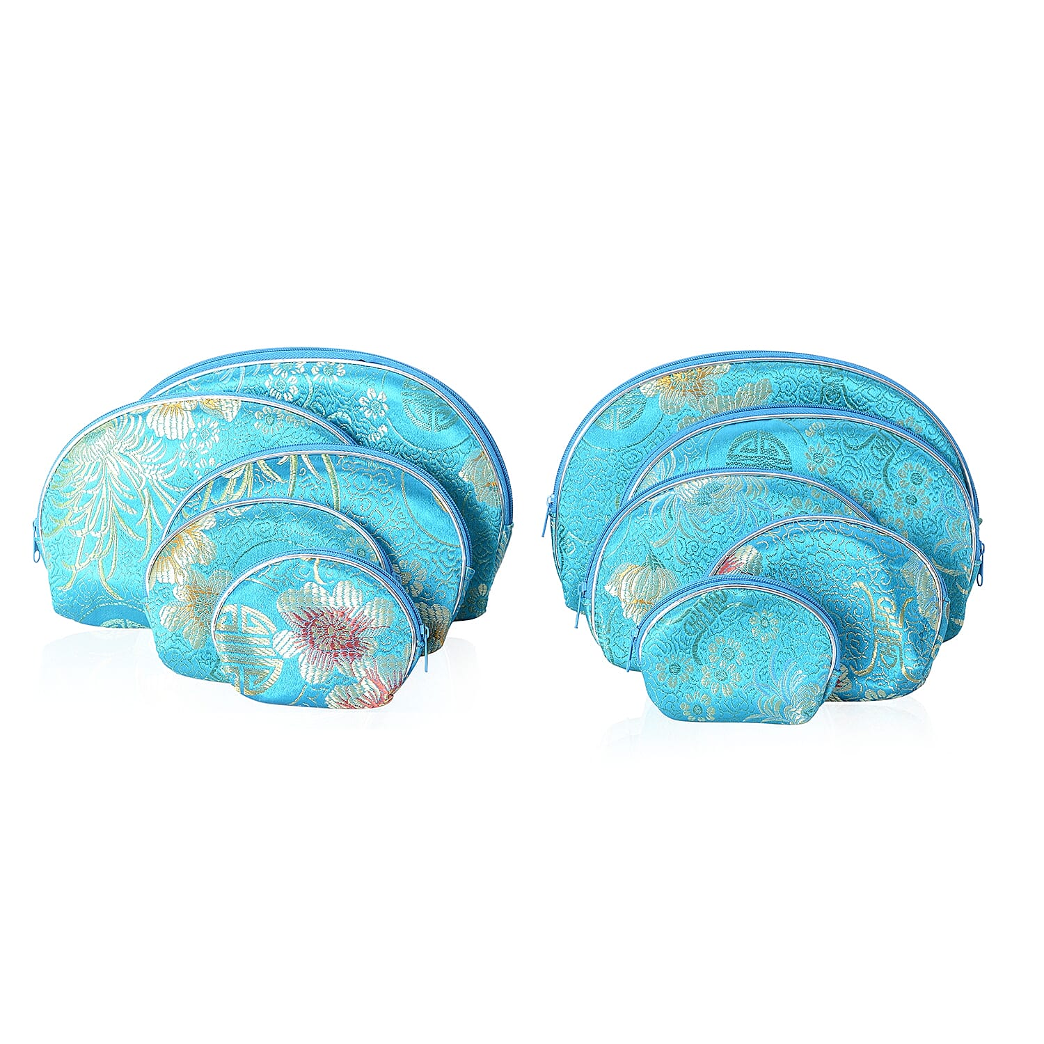 Set of 10 - Portable Floral Embroidered Pattern Multi Purpose Jewellery Bag with Top Zipper Closure - Light Blue