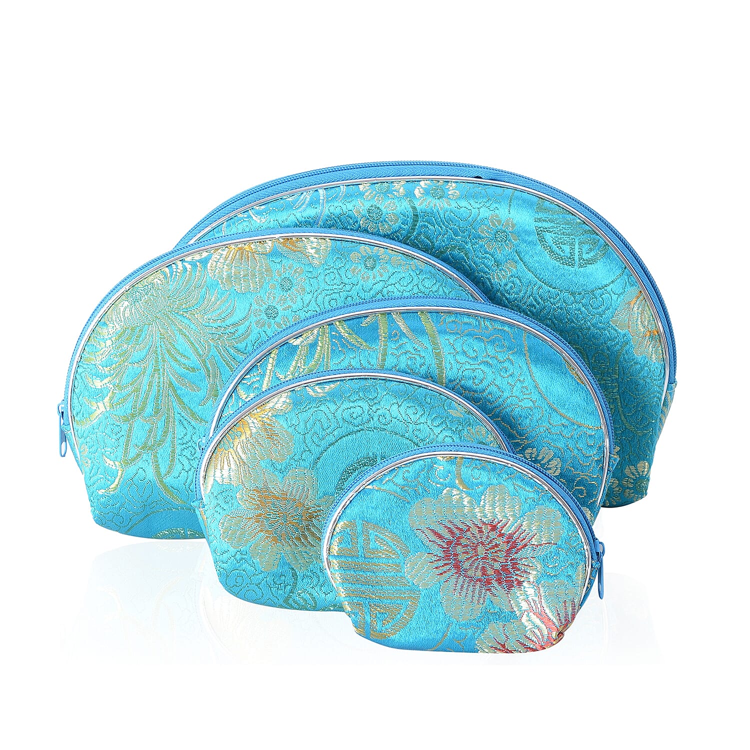 Set of 10 - Portable Floral Embroidered Pattern Multi Purpose Jewellery Bag with Top Zipper Closure - Light Blue