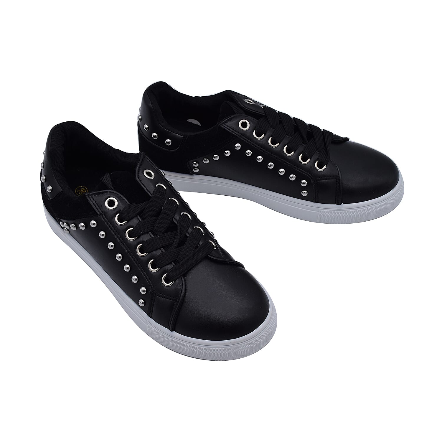 Faux Leather Studded Trainers in Black (Size 3)