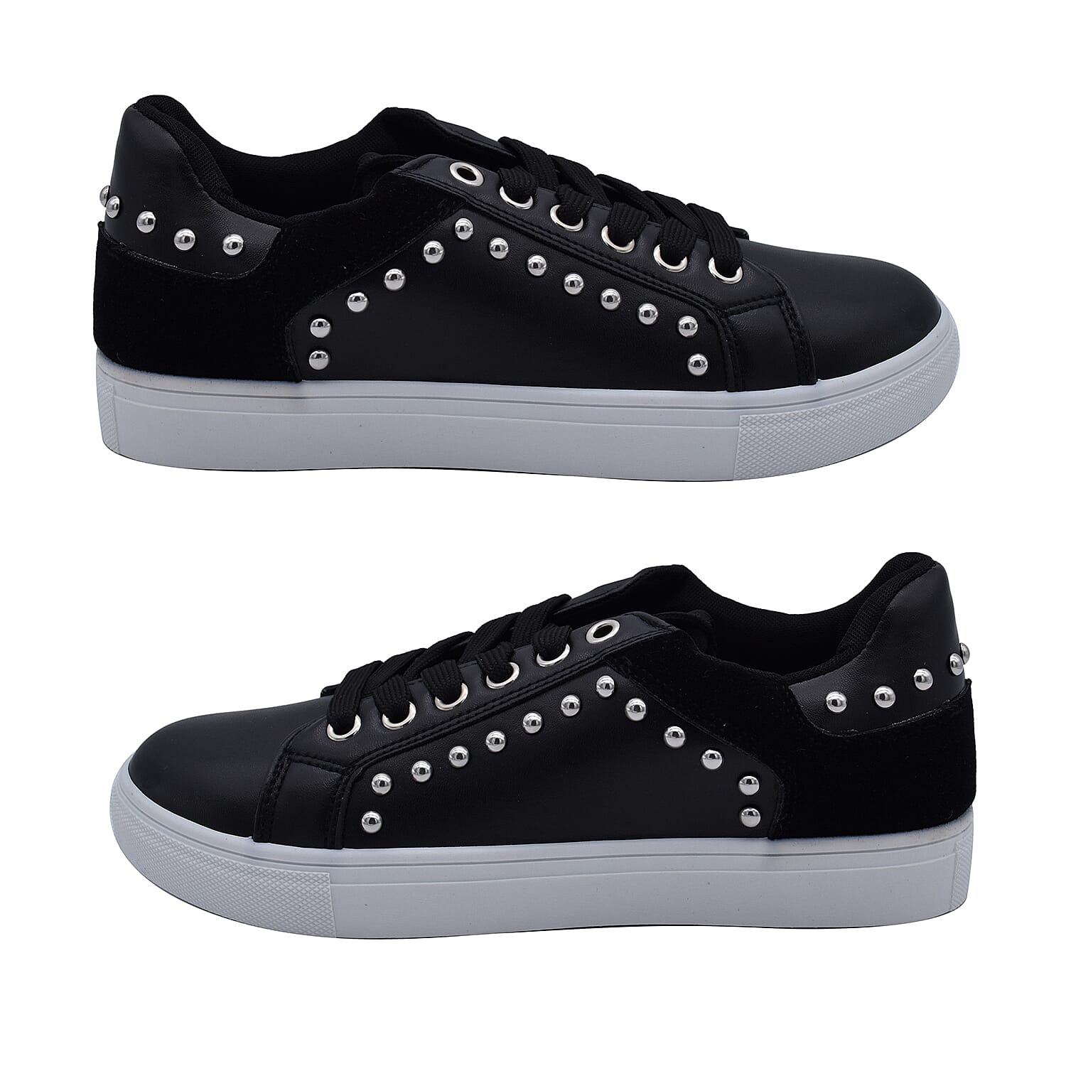 Faux Leather Studded Trainers in Black (Size 3)