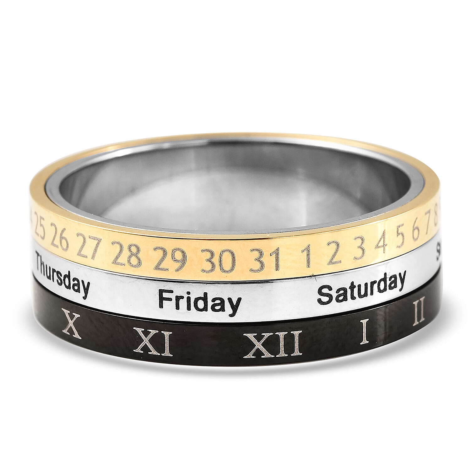 Calendar Spinner Ring in Black Silver & Gold Tone