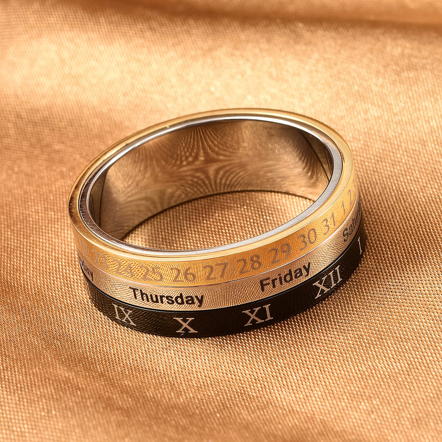 Calendar Spinner Ring in Black Silver & Gold Tone