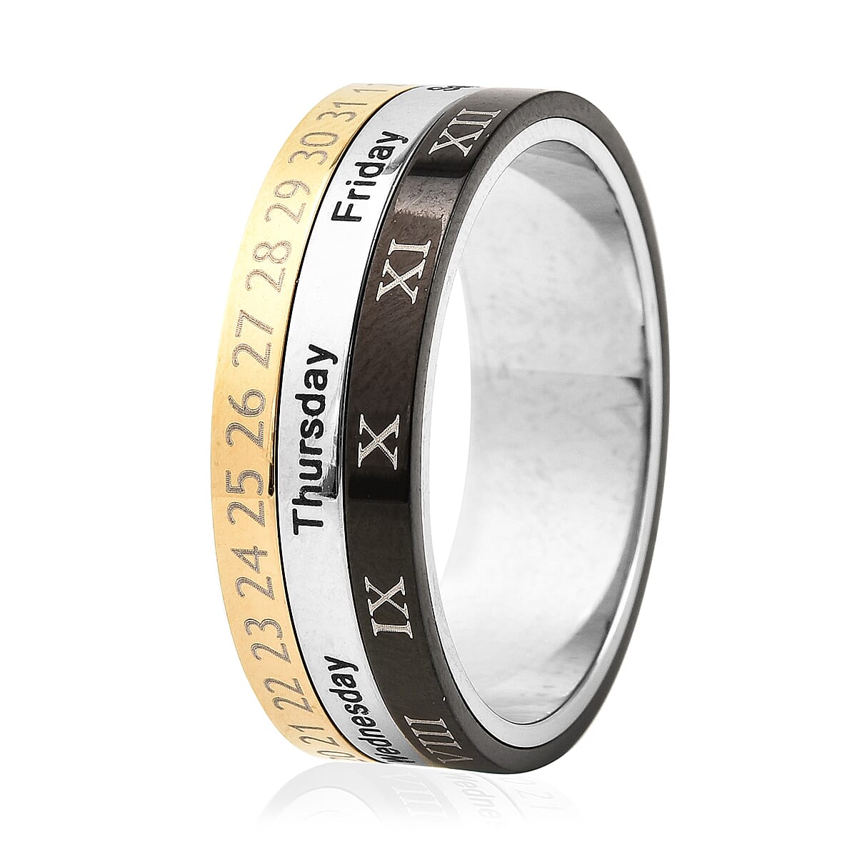 Calendar Spinner Ring in Black Silver & Gold Tone