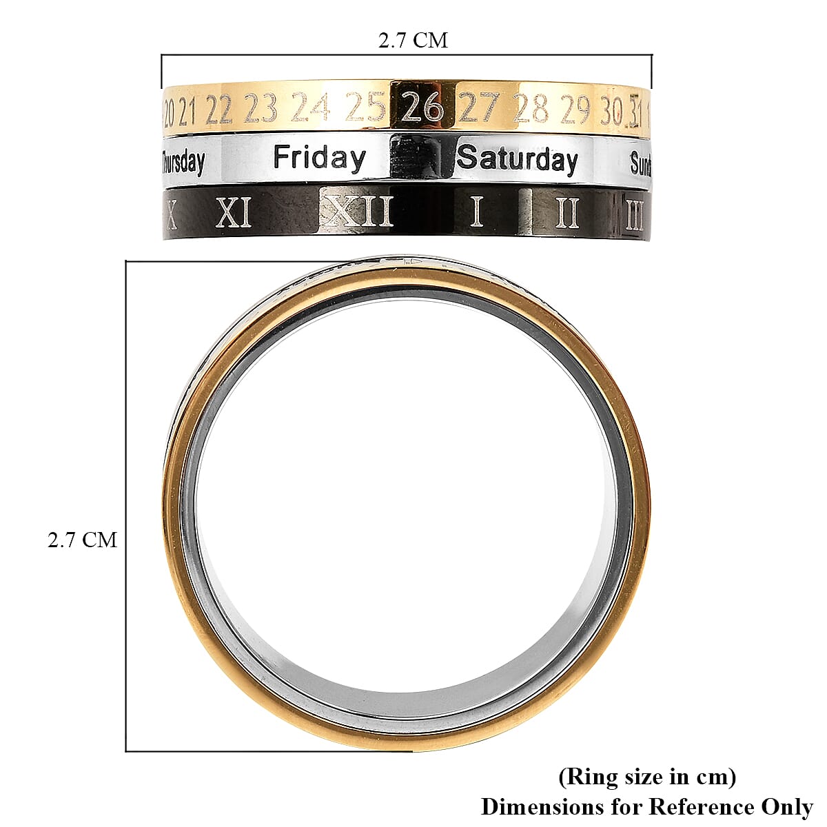 Calendar Spinner Ring in Black Silver & Gold Tone