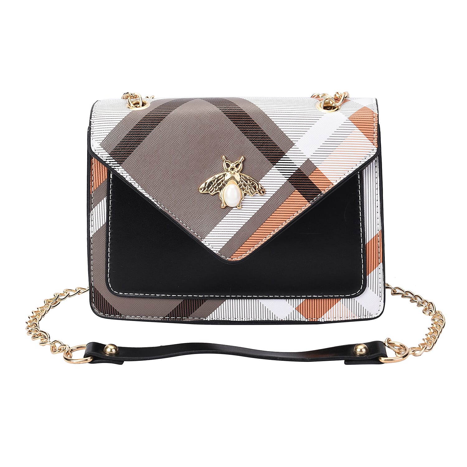 Checkerboard Pattern Crossbody Bag Adorned with Bee (Size 22x8x15cm) - Black