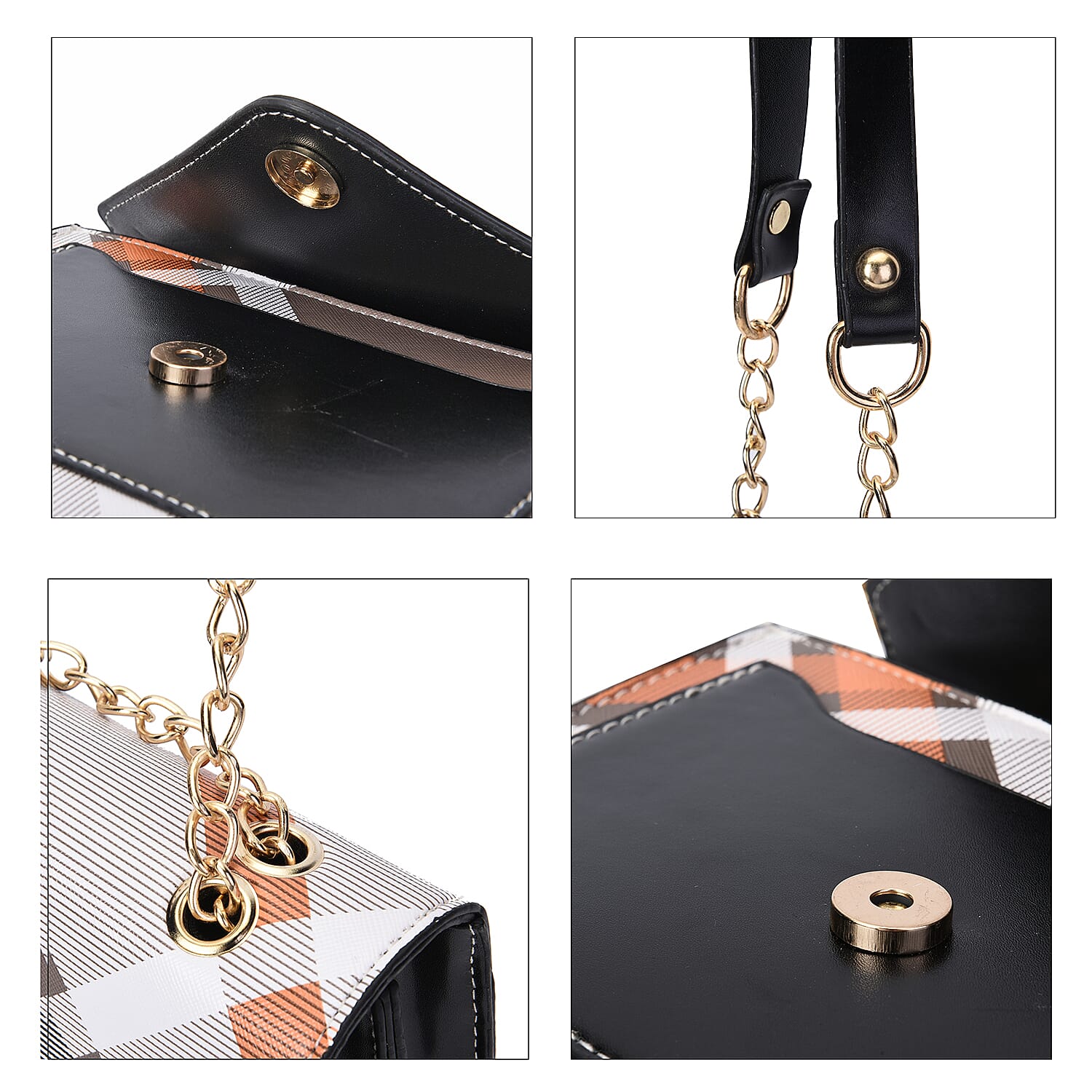 Checkerboard Pattern Crossbody Bag Adorned with Bee (Size 22x8x15cm) - Black