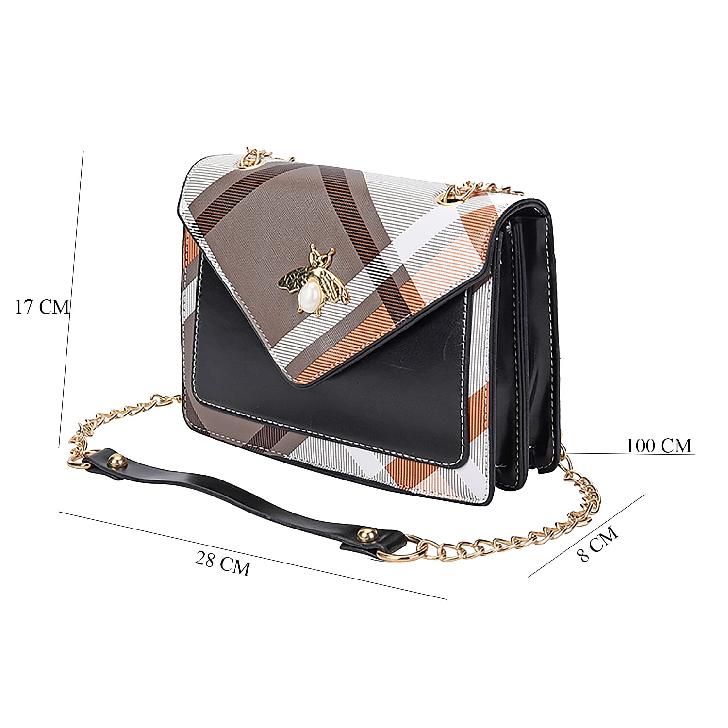 Checkerboard Pattern Crossbody Bag Adorned with Bee (Size 22x8x15cm) - Black
