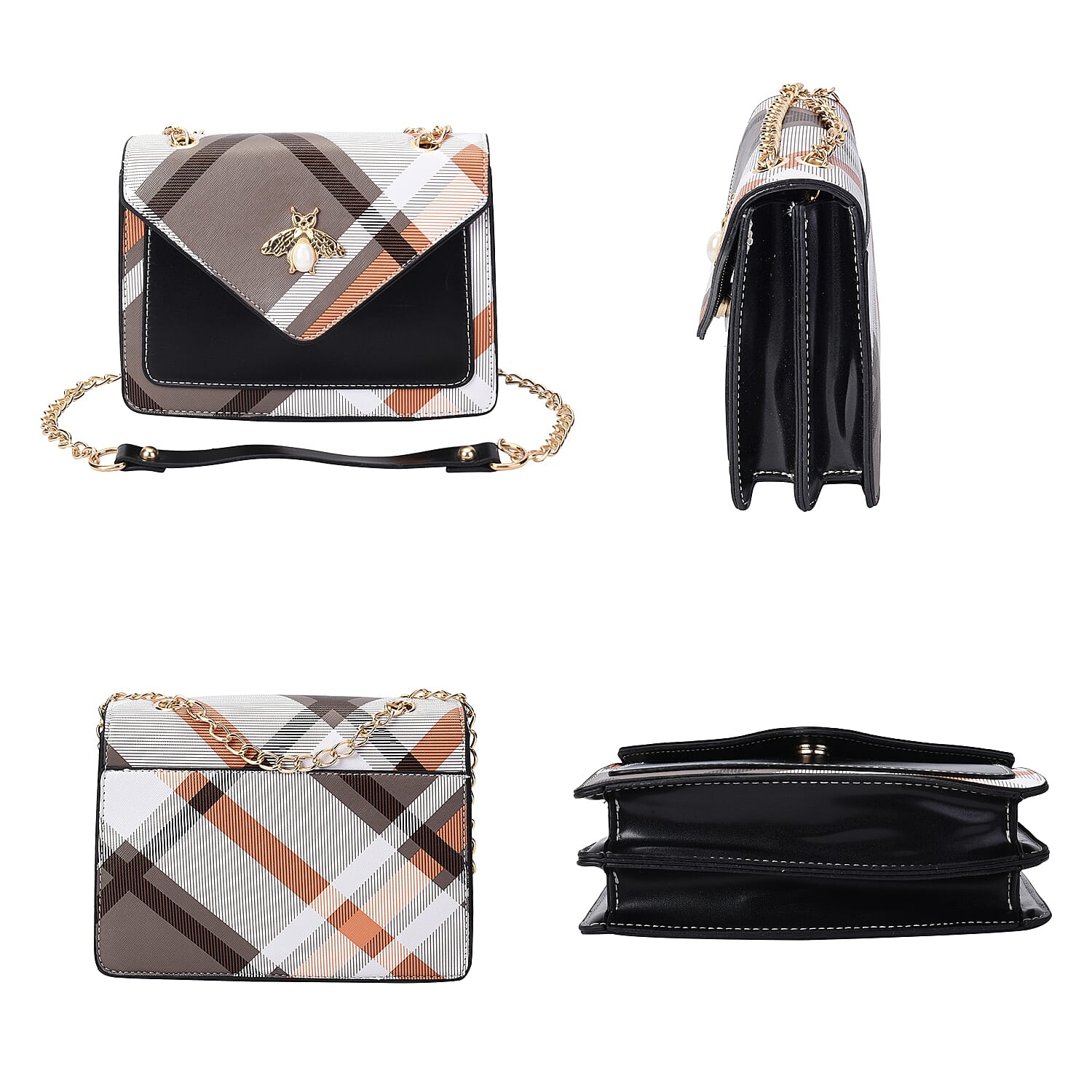 Checkerboard Pattern Crossbody Bag Adorned with Bee (Size 22x8x15cm) - Black