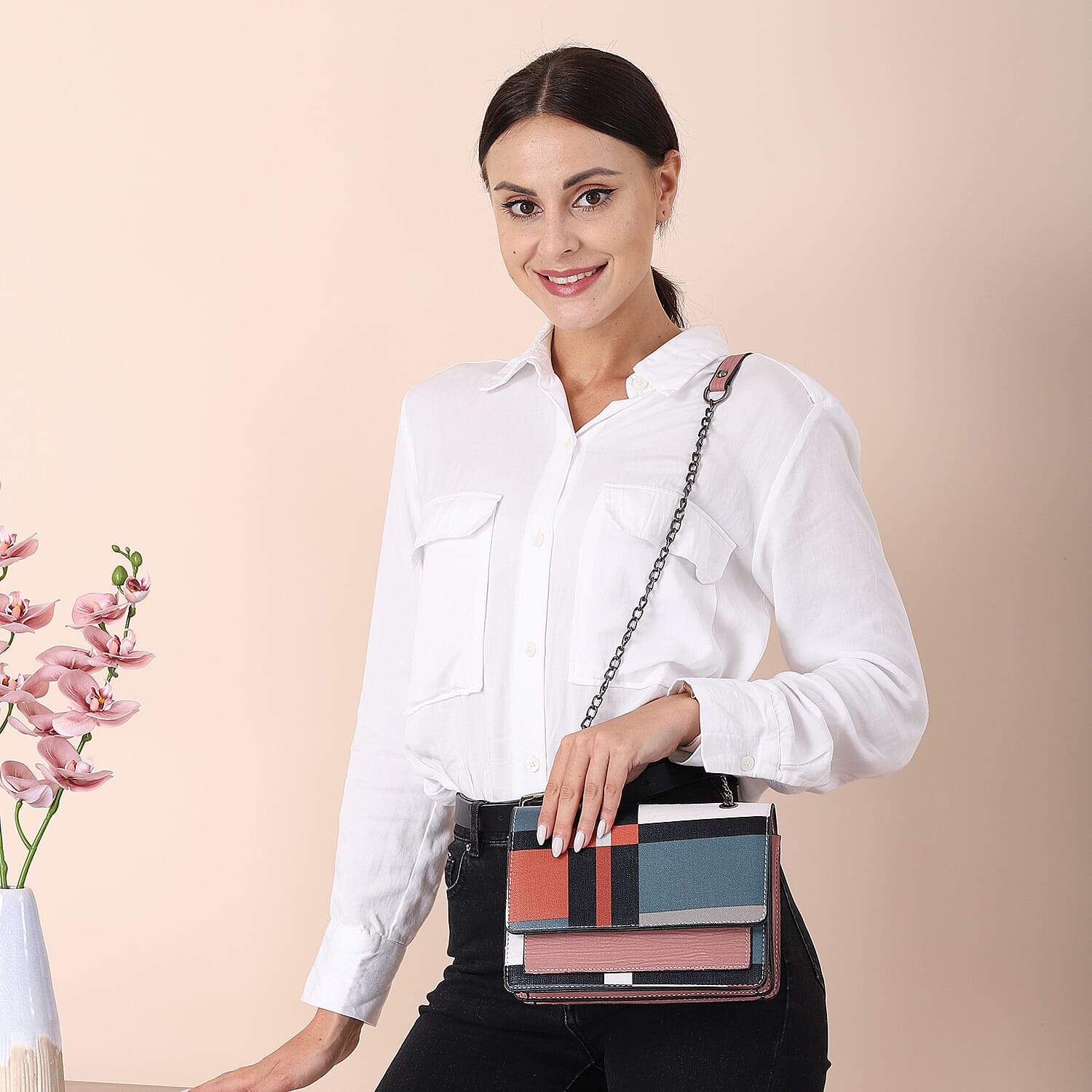 Checkerboard Pattern Crossbody Bag with 100cm Shoulder Strap (Size 22x8x17cm) - Pink