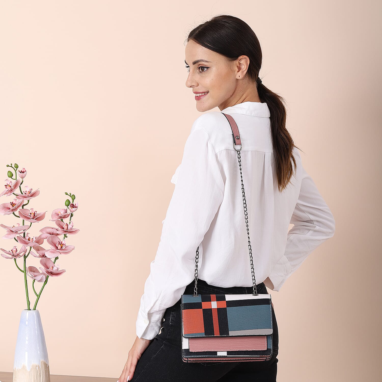 Checkerboard Pattern Crossbody Bag with 100cm Shoulder Strap (Size 22x8x17cm) - Pink