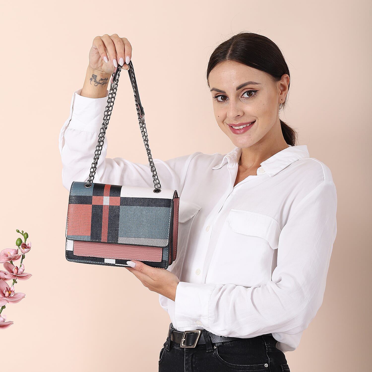 Checkerboard Pattern Crossbody Bag with 100cm Shoulder Strap (Size 22x8x17cm) - Pink