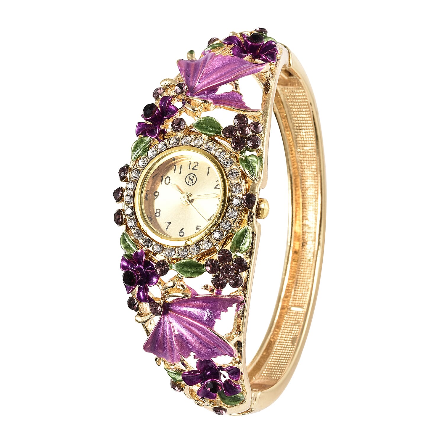 STRADA Japanese Movement Purple and White Austrian Crystal Studded Butterfly & Floral Pattern Water Resistant Bangle Watch (Size 6.5) in Yellow Gold Tone