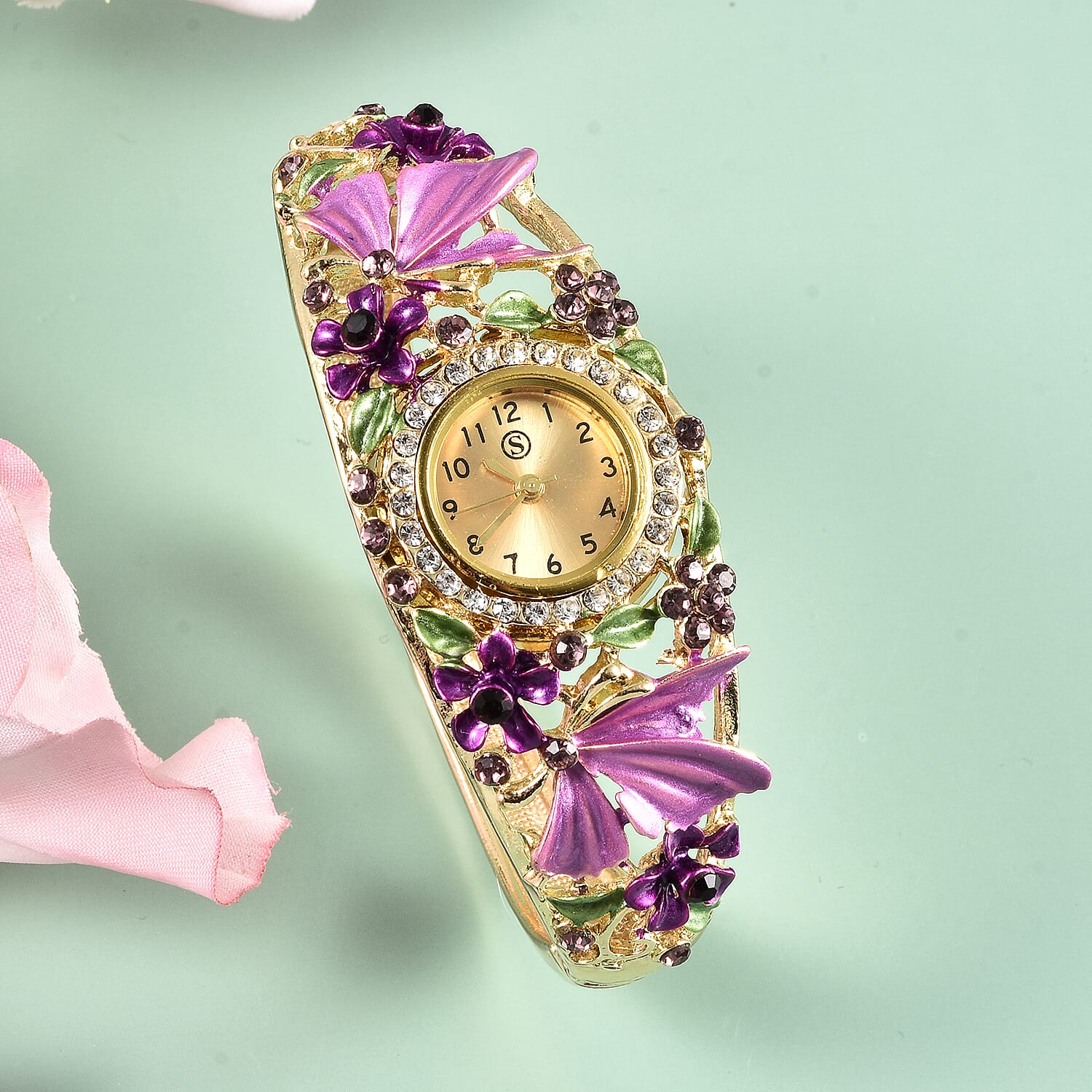 STRADA Japanese Movement Purple and White Austrian Crystal Studded Butterfly & Floral Pattern Water Resistant Bangle Watch (Size 6.5) in Yellow Gold Tone