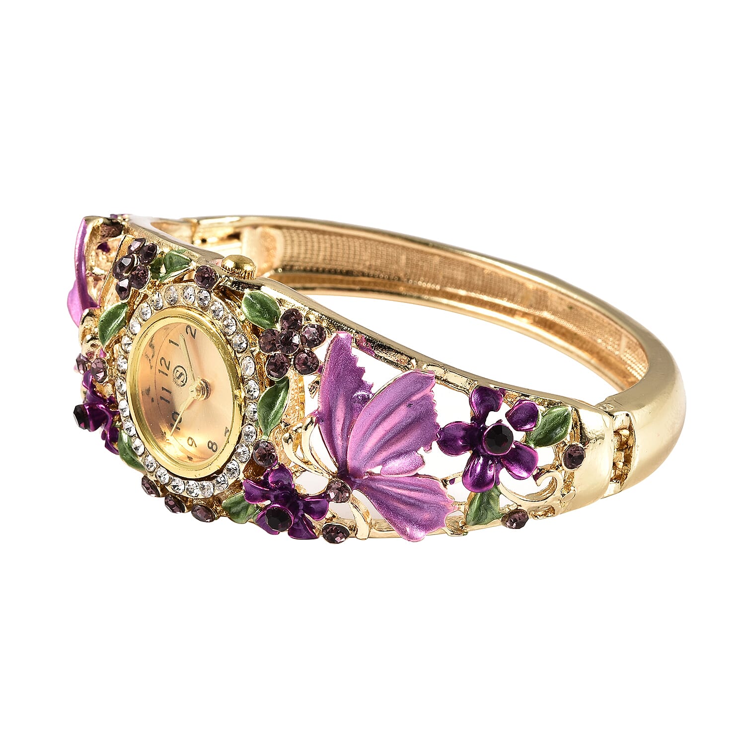 STRADA Japanese Movement Purple and White Austrian Crystal Studded Butterfly & Floral Pattern Water Resistant Bangle Watch (Size 6.5) in Yellow Gold Tone