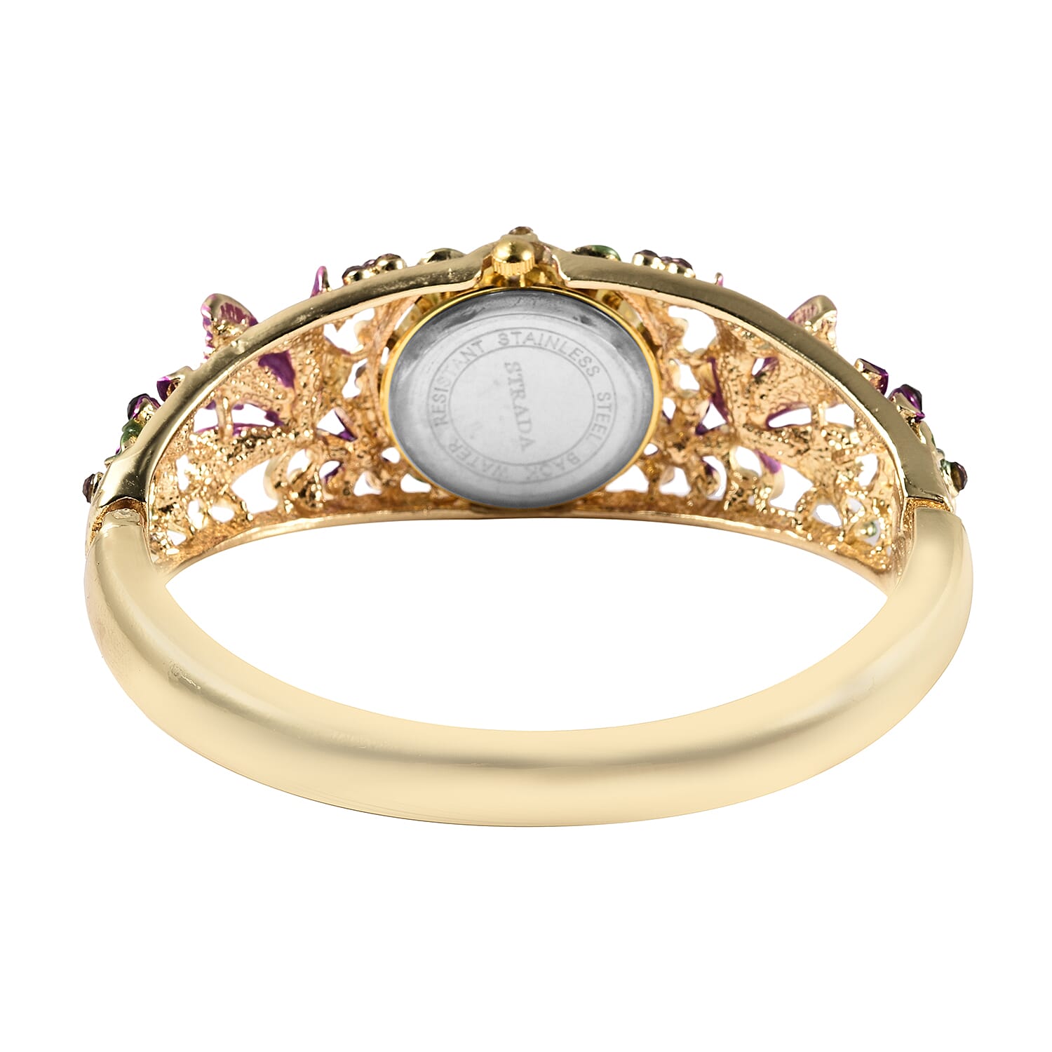 STRADA Japanese Movement Purple and White Austrian Crystal Studded Butterfly & Floral Pattern Water Resistant Bangle Watch (Size 6.5) in Yellow Gold Tone