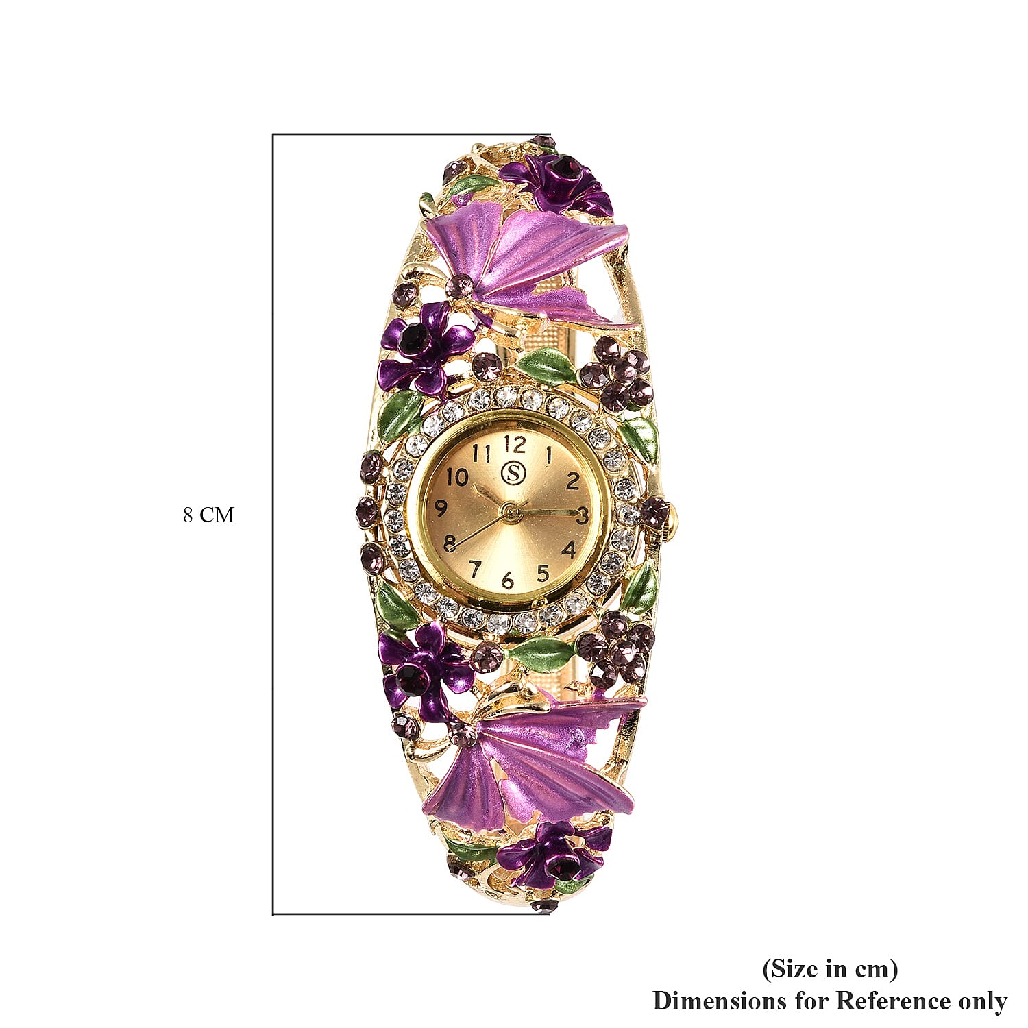 STRADA Japanese Movement Purple and White Austrian Crystal Studded Butterfly & Floral Pattern Water Resistant Bangle Watch (Size 6.5) in Yellow Gold Tone