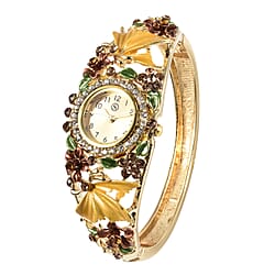 STRADA Japanese Movement Purple and White Austrian Crystal Floral Pattern Bangle Watch Size 6.5 in Gold Tone