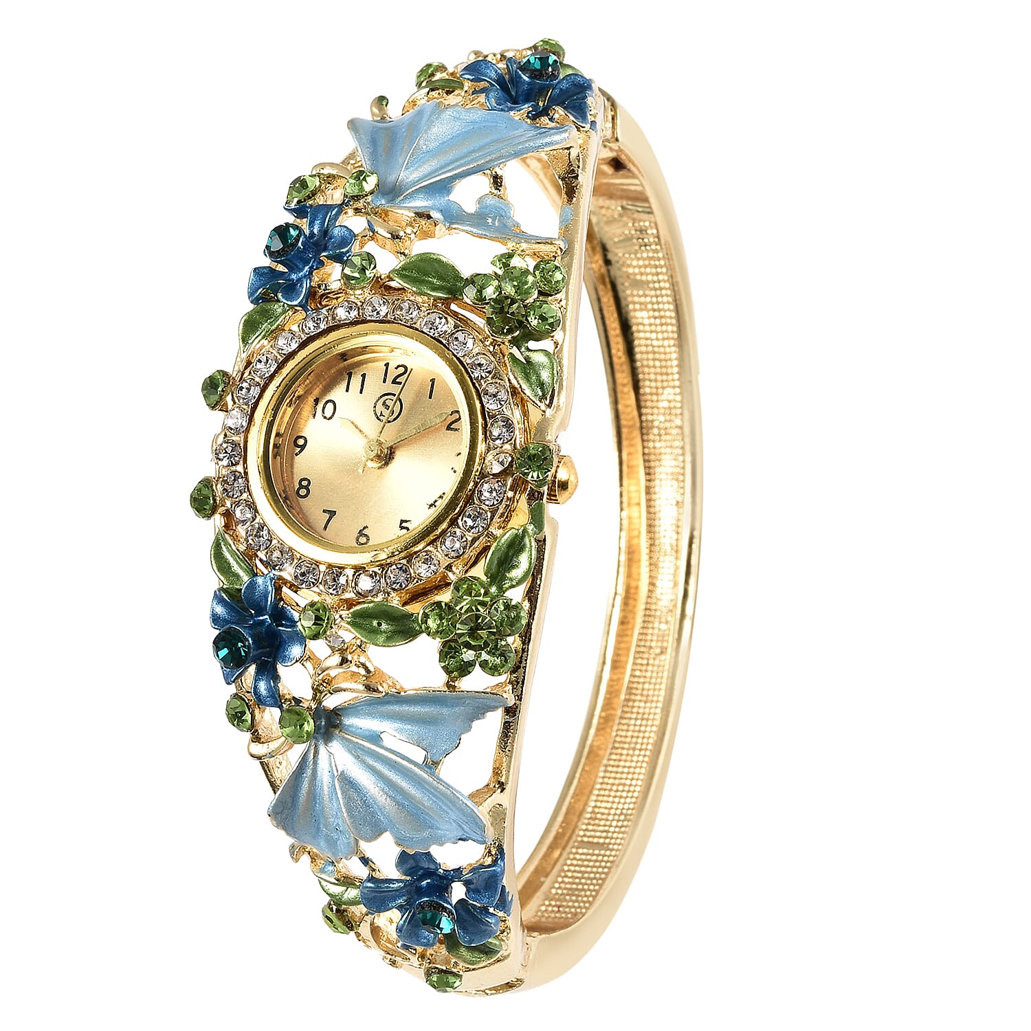 STRADA Japanese Movement Blue and Green Austrian Crystal Studded Butterfly & Floral Pattern Water Resistant Bangle Watch (Size 6.5) in Yellow Gold Tone