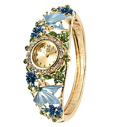 STRADA Japanese Movement Purple and White Austrian Crystal Floral Pattern Bangle Watch Size 6.5 in Gold Tone