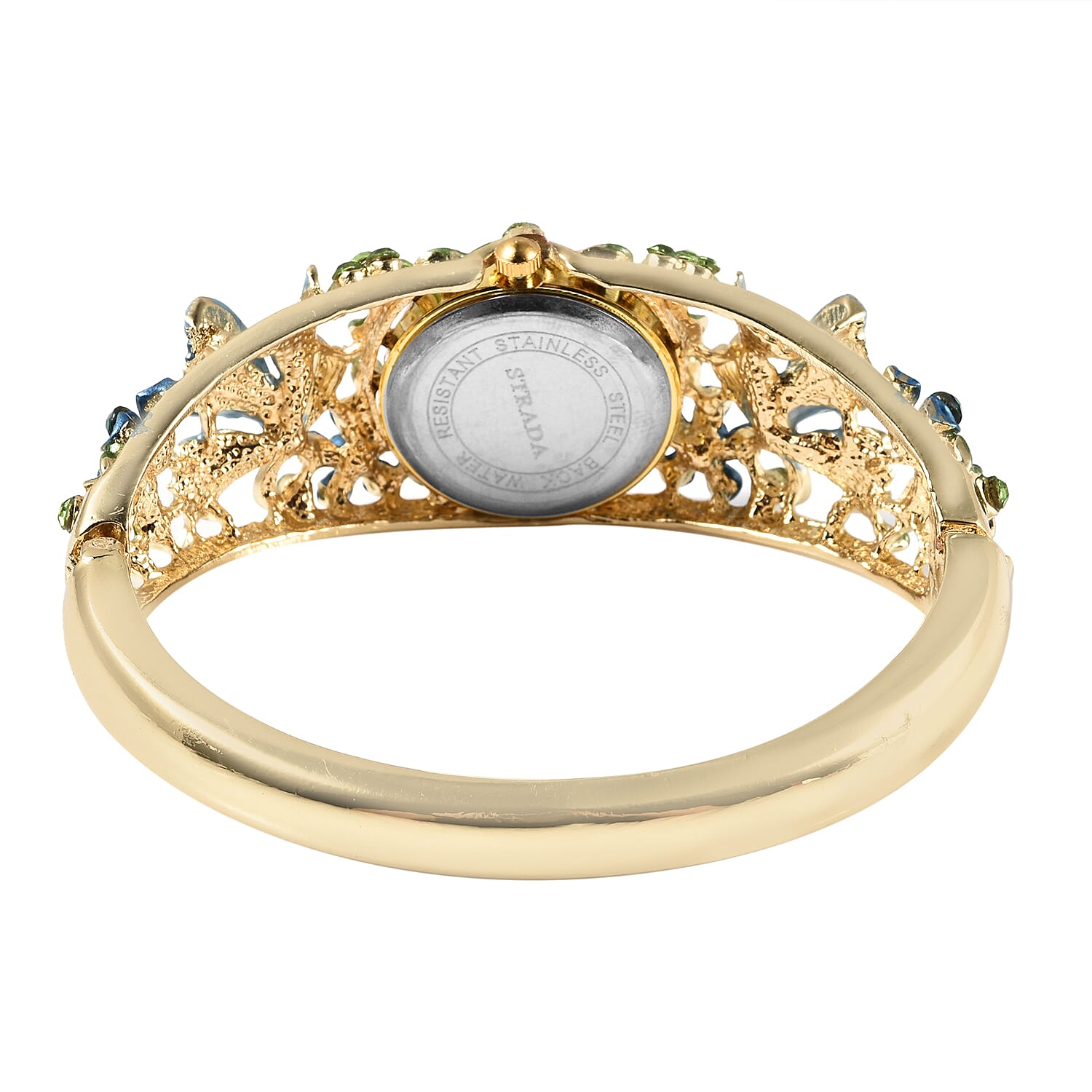 STRADA Japanese Movement Blue and Green Austrian Crystal Studded Butterfly & Floral Pattern Water Resistant Bangle Watch (Size 6.5) in Yellow Gold Tone