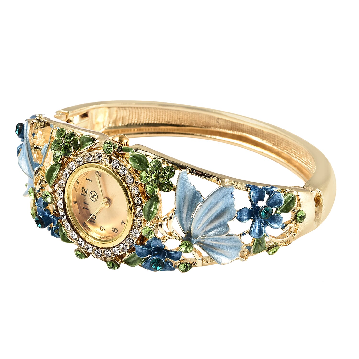 STRADA Japanese Movement Blue and Green Austrian Crystal Studded Butterfly & Floral Pattern Water Resistant Bangle Watch (Size 6.5) in Yellow Gold Tone