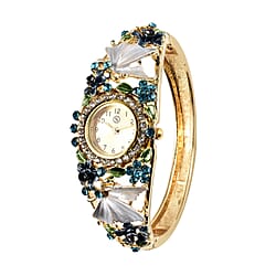 STRADA Japanese Movement Purple and White Austrian Crystal Floral Pattern Bangle Watch Size 6.5 in Gold Tone