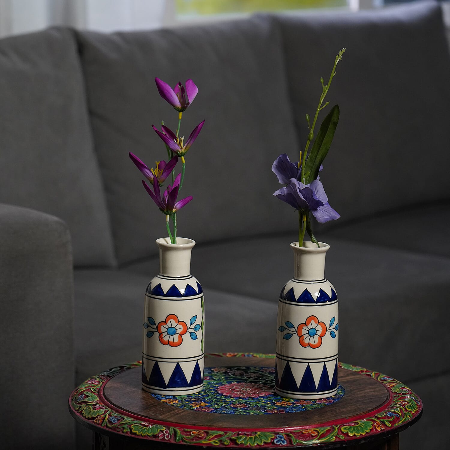 Set of 2 - Traditional Floral Printed Ceramic Vase - Cream, Blue & Multi